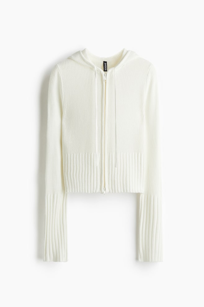 Hooded Cardigan with Zipper - White - 1