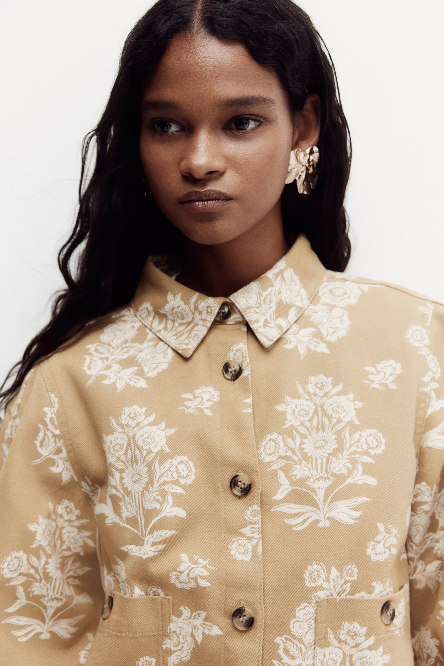 Cotton twill utility shirt - Beige/Floral - 1