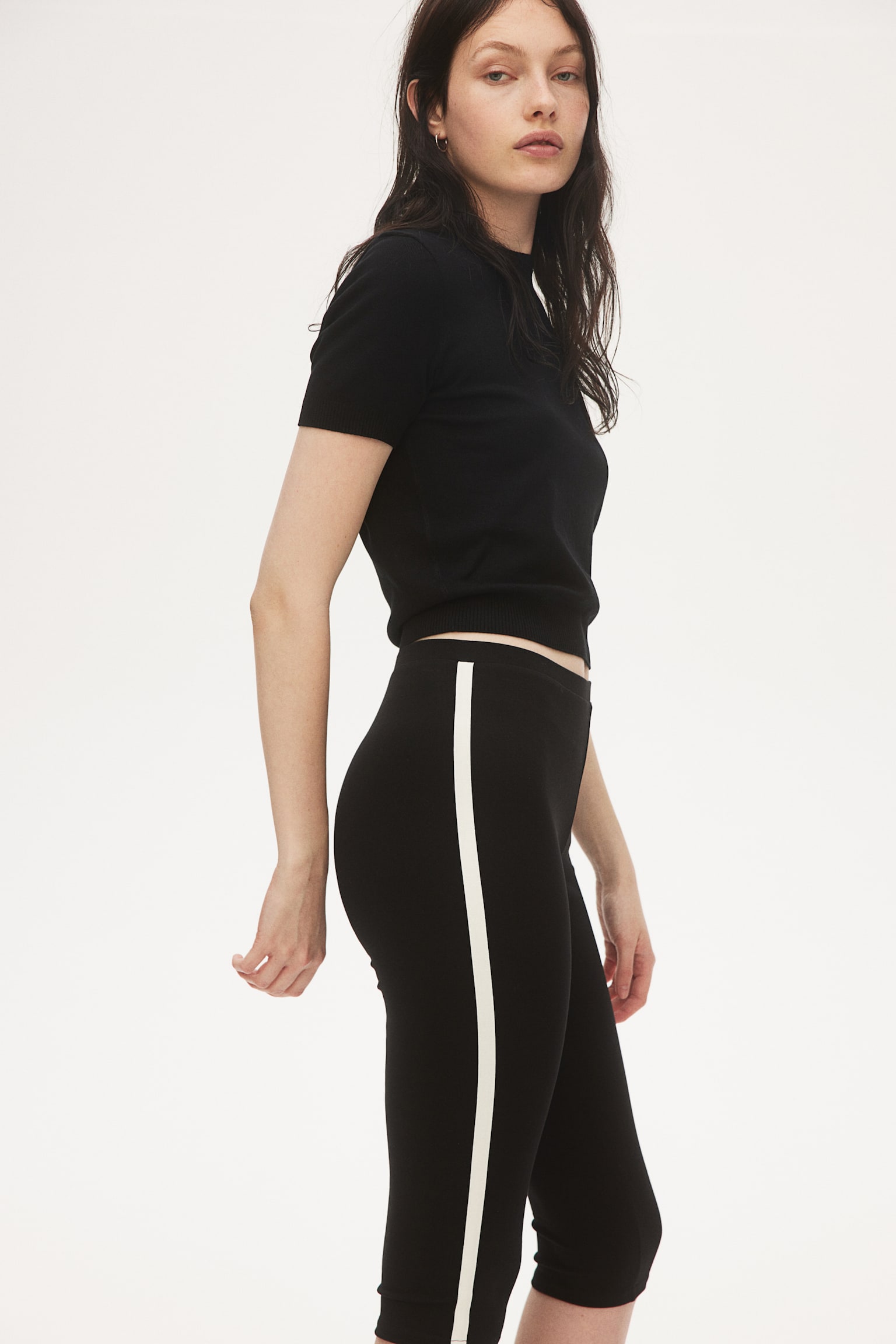 Side Stripe Capri Leggings - Black/Cream - 5