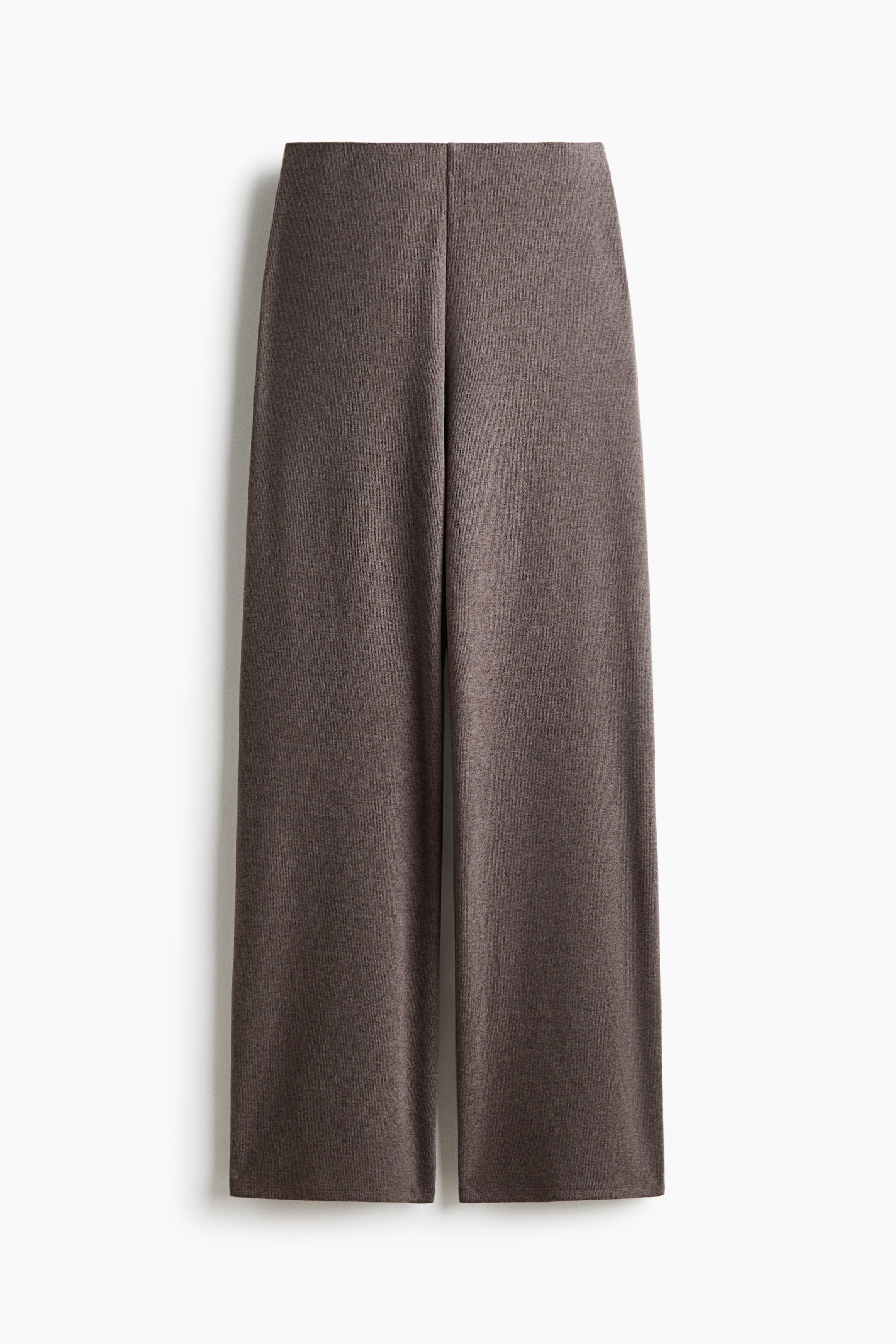 View larger image: These wide-leg knit trousers in a heathered brown colour are hanging front-facing, showcasing a clean, high-rise waistband and a relaxed silhouette that drapes straight to the hems.