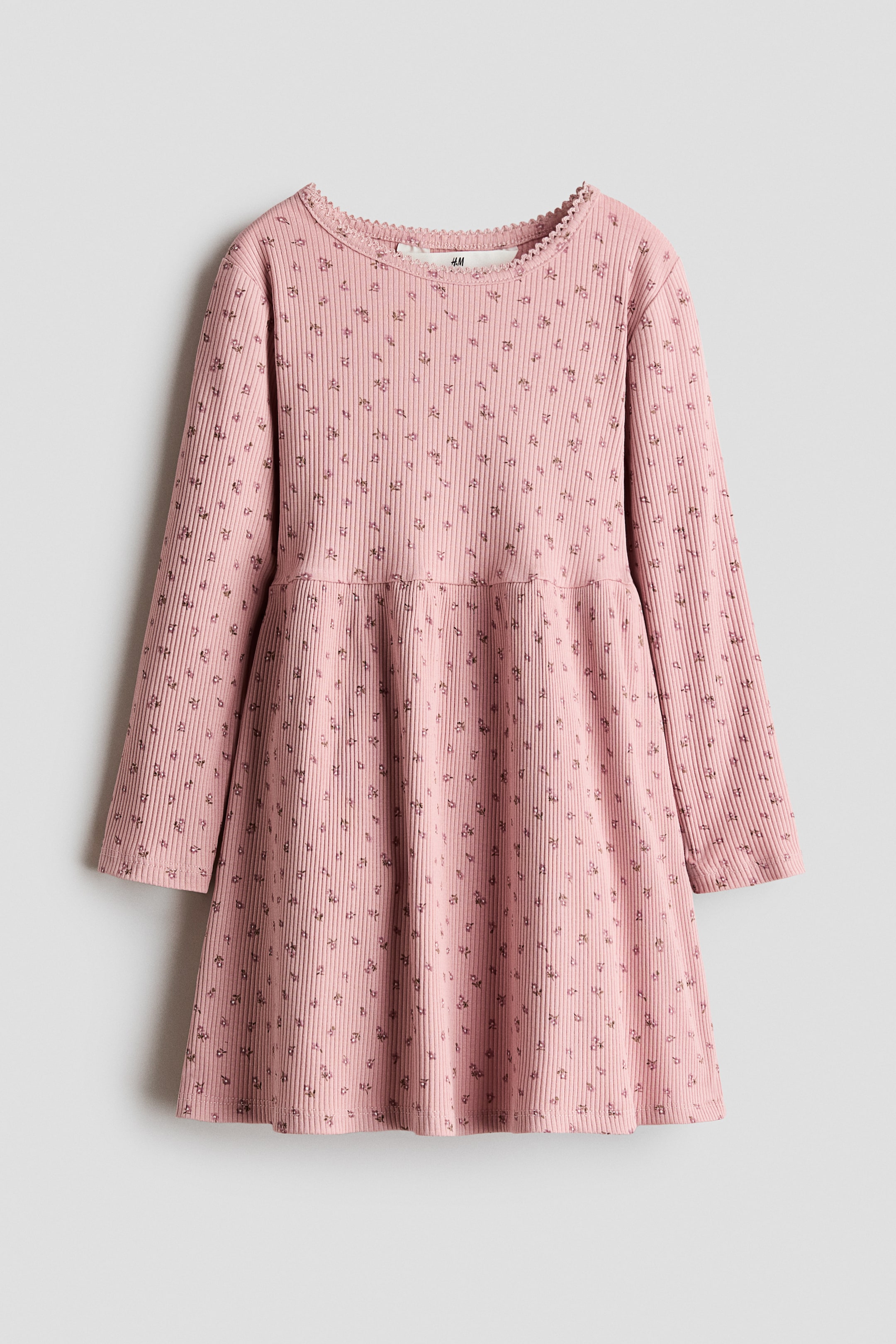 View larger image: A front-facing pink ribbed long-sleeved dress showcasing a small floral pattern, featuring a round neckline with a picot trim and a flared skirt from the waist.