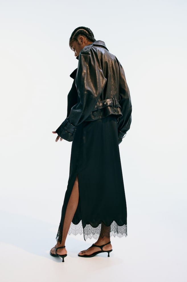 Lace-Trimmed Satin Skirt - Black - 6
