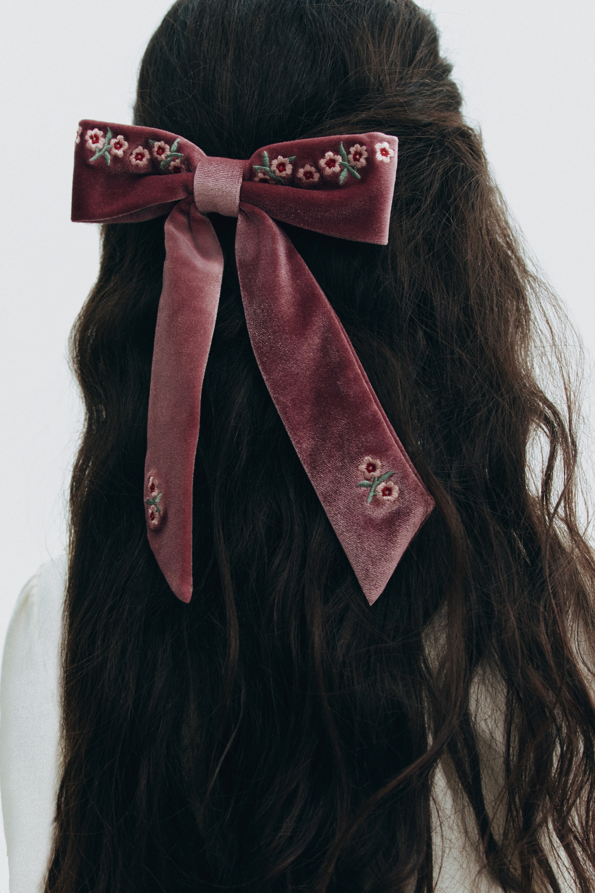 Embroidered bow-detail hair clip - Dusty pink/Flowers