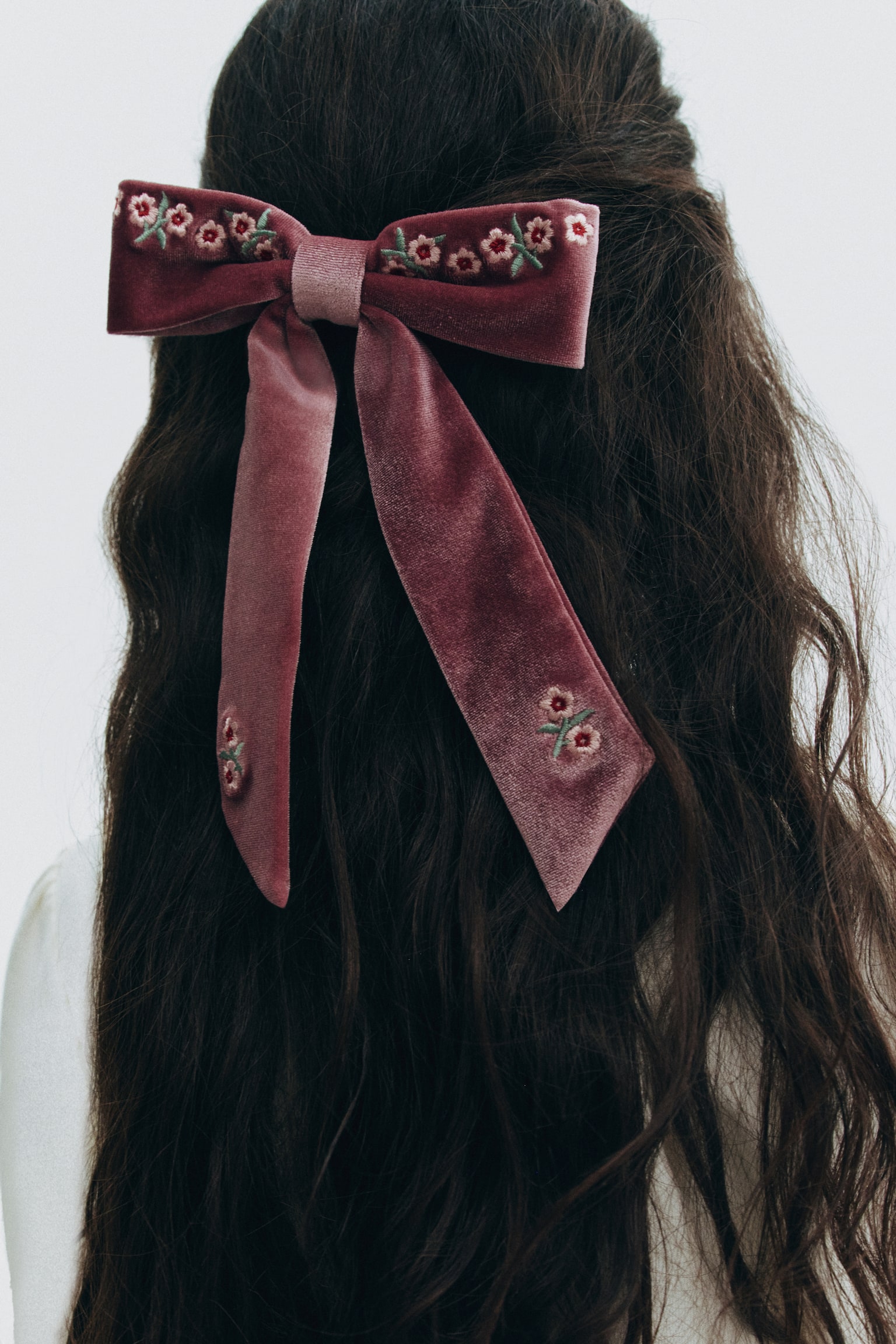 Embroidered bow-detail hair clip - Dusty pink/Flowers - 1