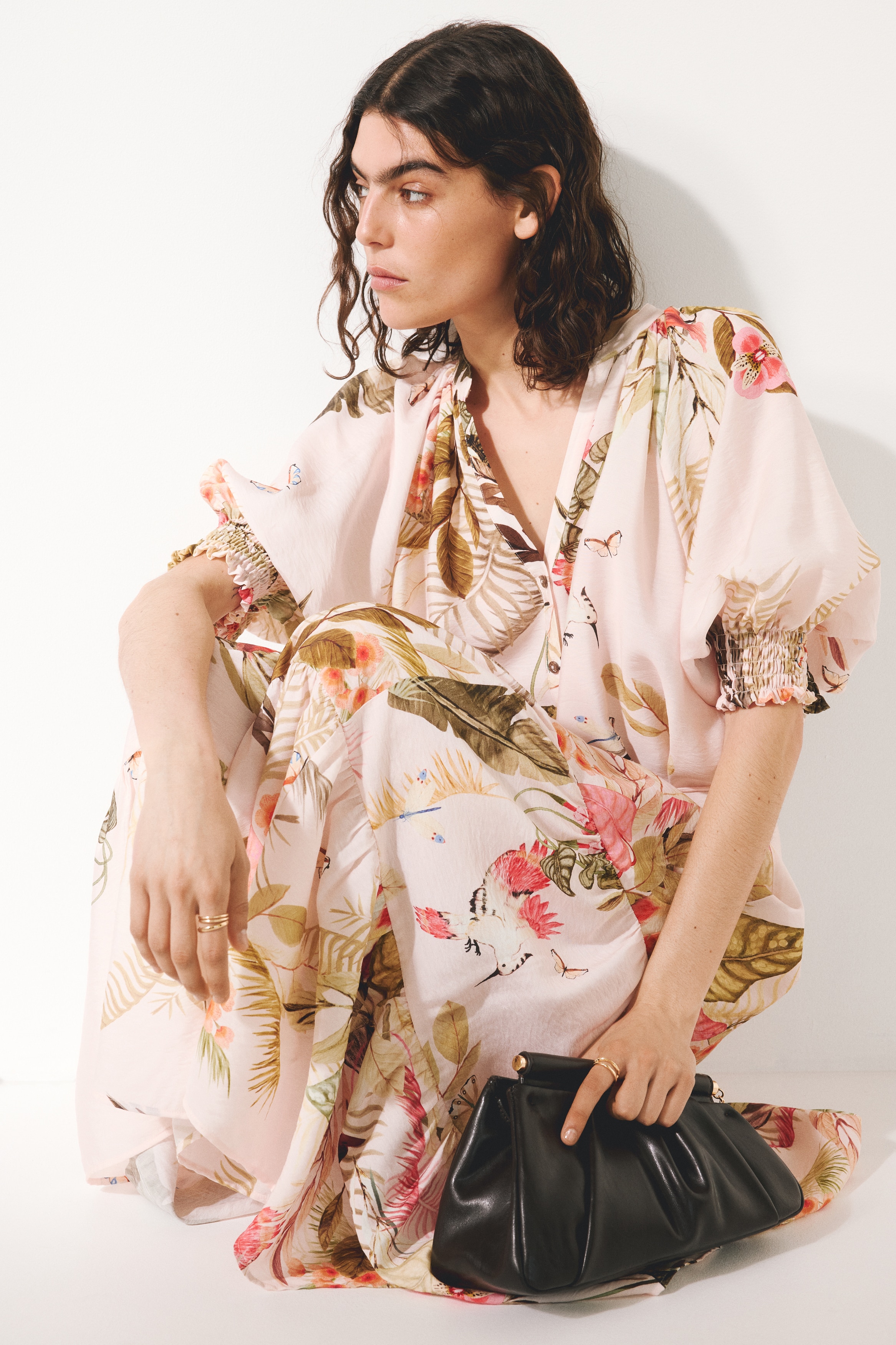 Women's Light pink/floral Tie-Belt Midi Dress | H&M US