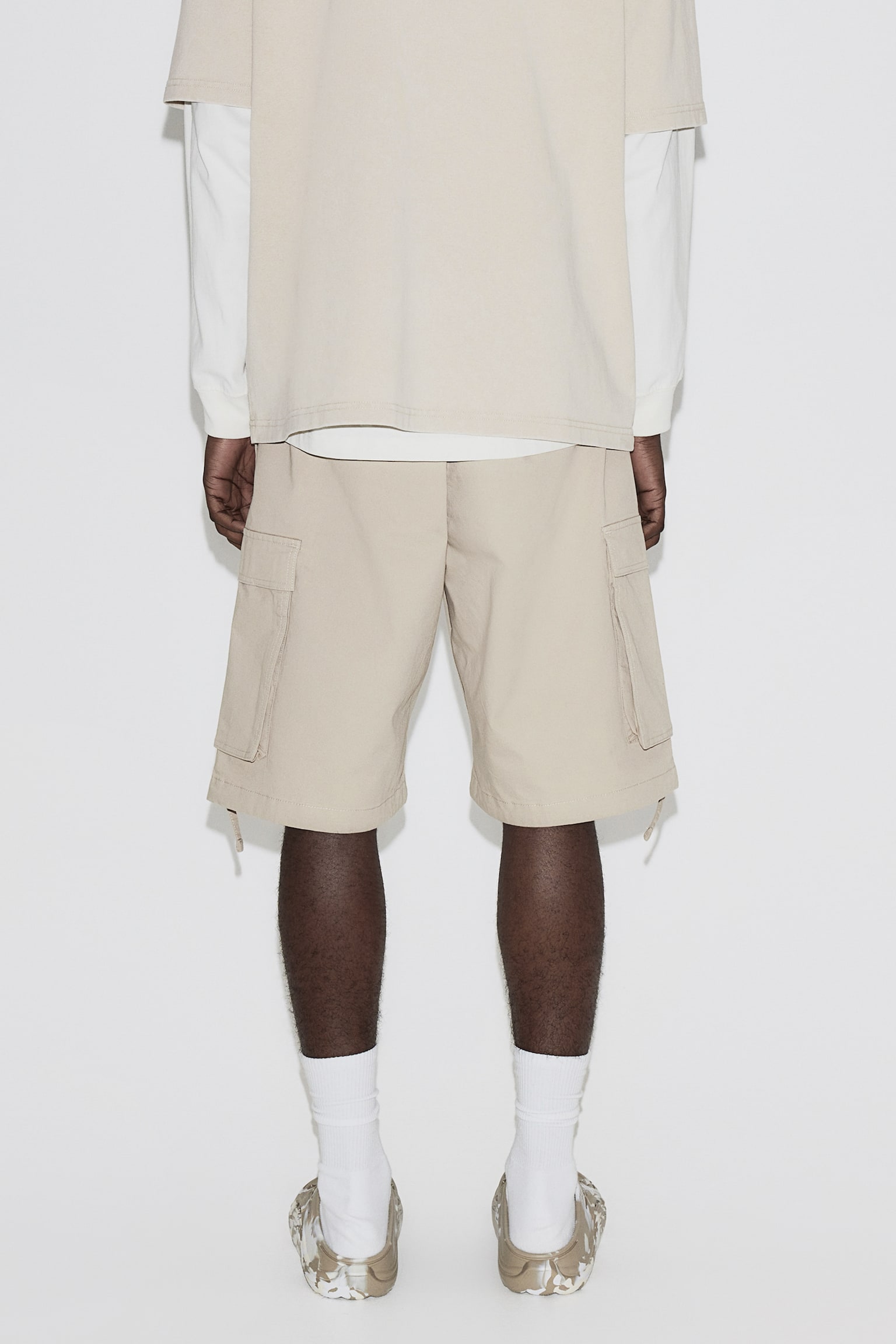 Loose Fit Twill Cargo Shorts - Beige/Black - 5