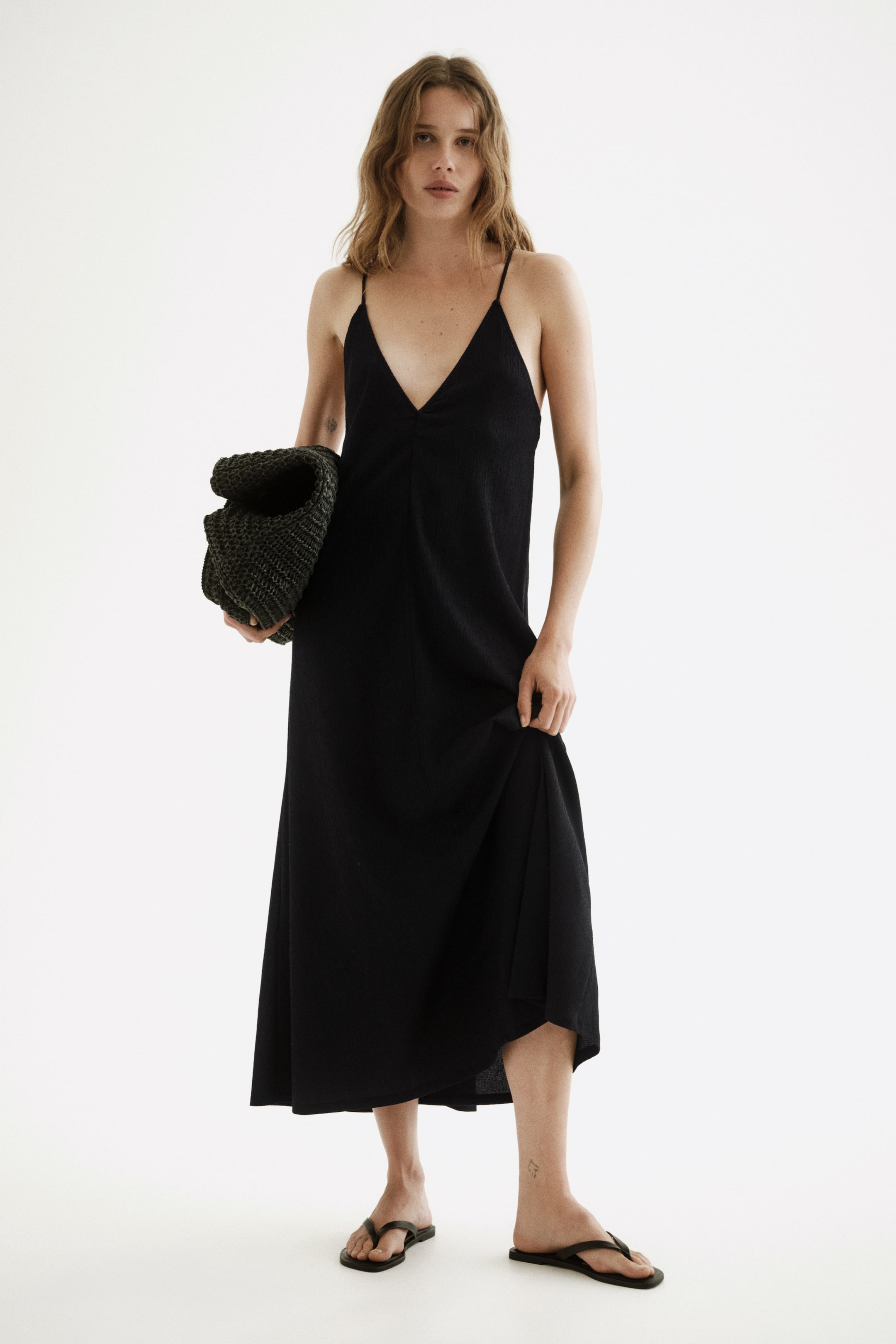 Crinkled Dress with Tie Shoulder Straps