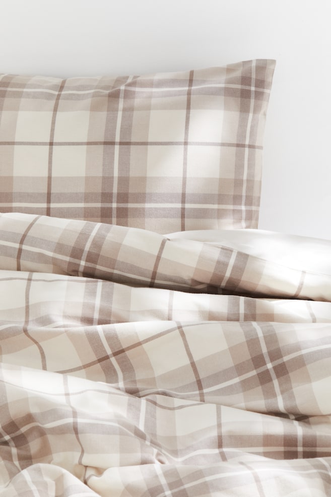 Single flannel duvet cover set - Beige/Checked - 1