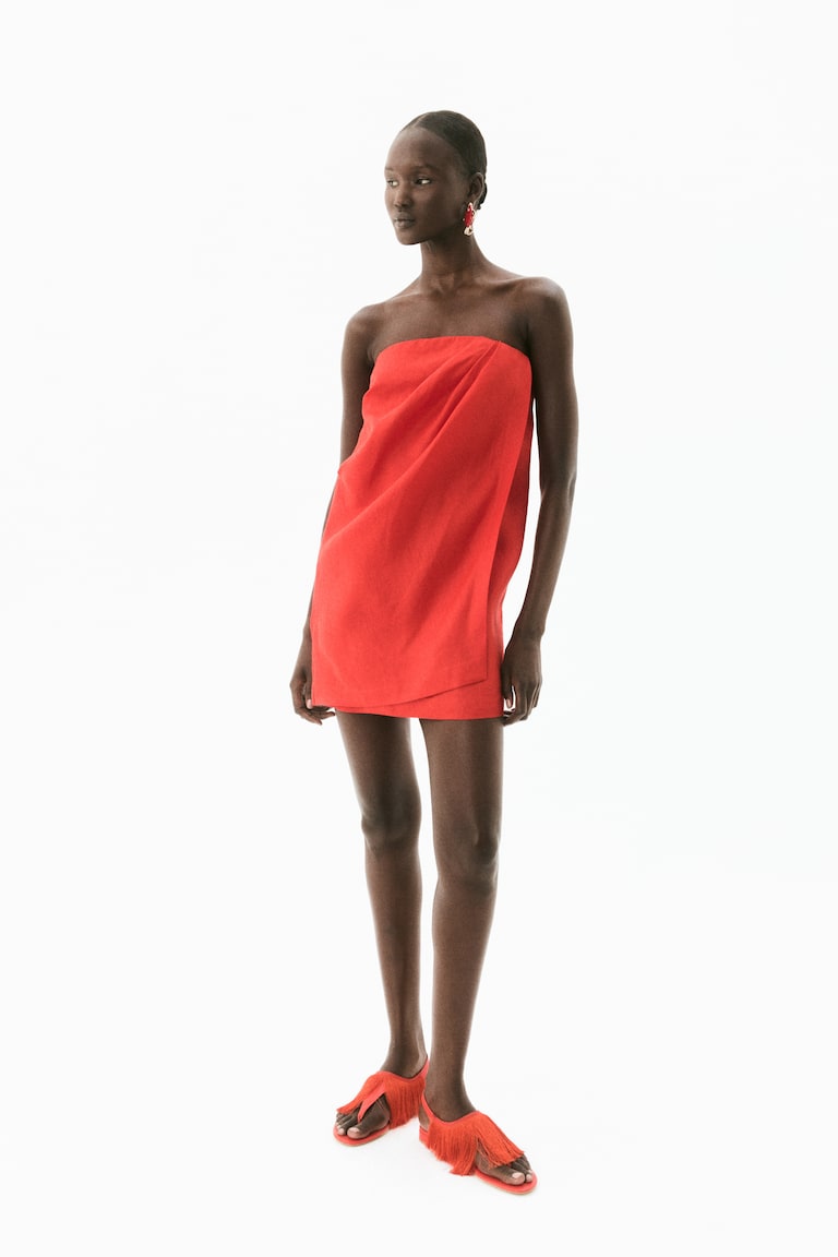 Linen Bandeau Dress Bright red Ladies H&M US