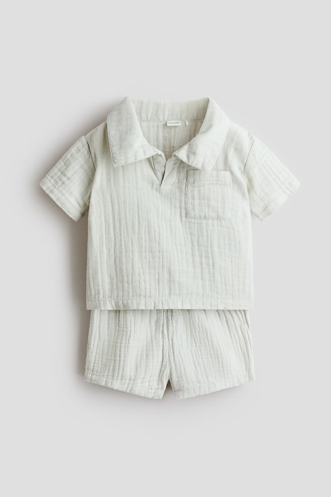 2-piece cotton muslin set - Pale dusty green/Brown/Light blue - 1