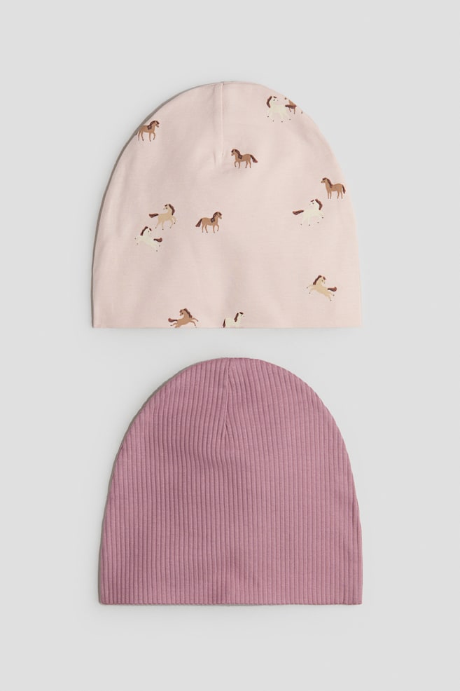 Lot de 2 bonnets en jersey - Prune/chevaux/Gris foncé/pois/Noir/blanc - 1