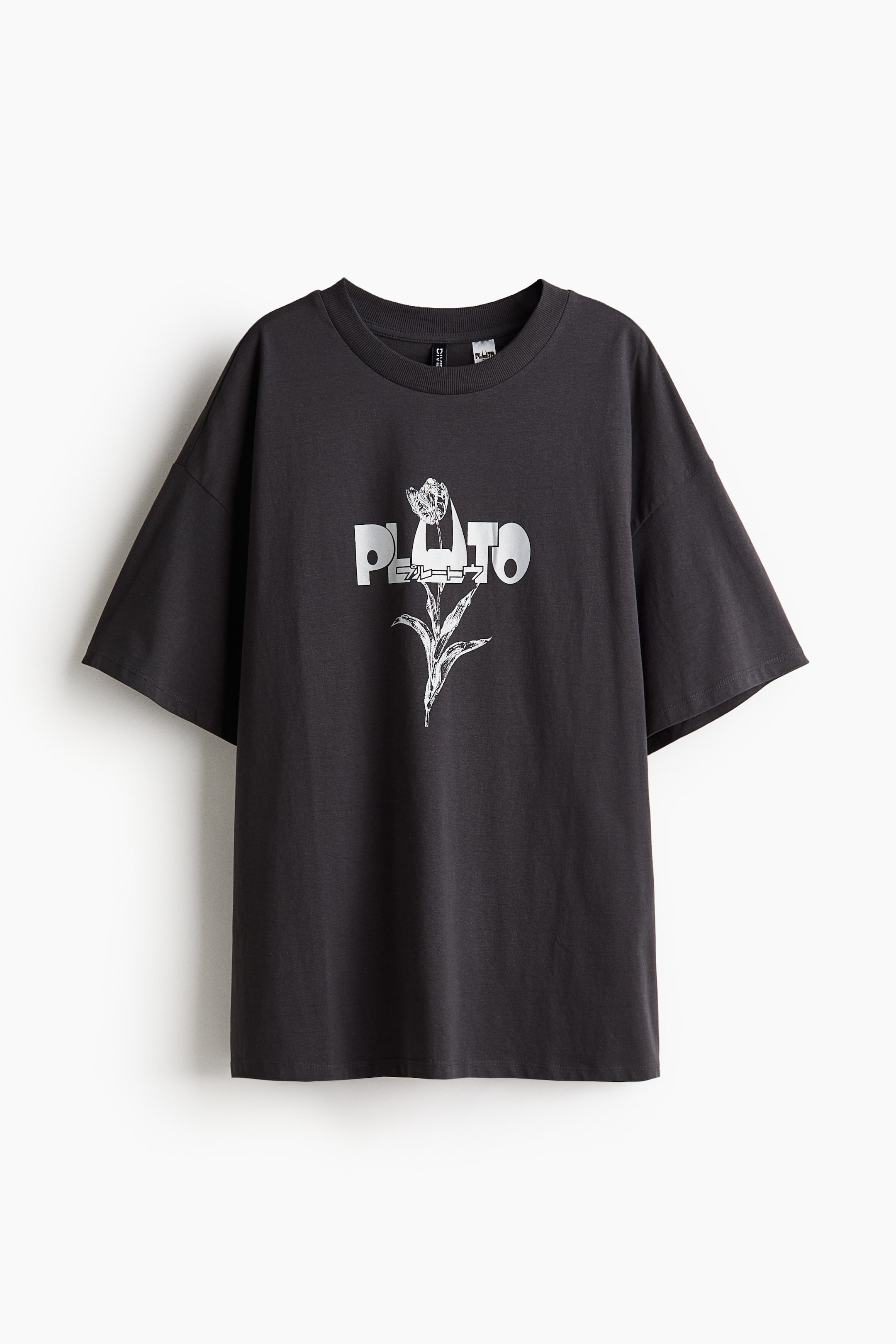 Oversized Printed T Shirt Round Neck Short Sleeve Dark Gray Pluto