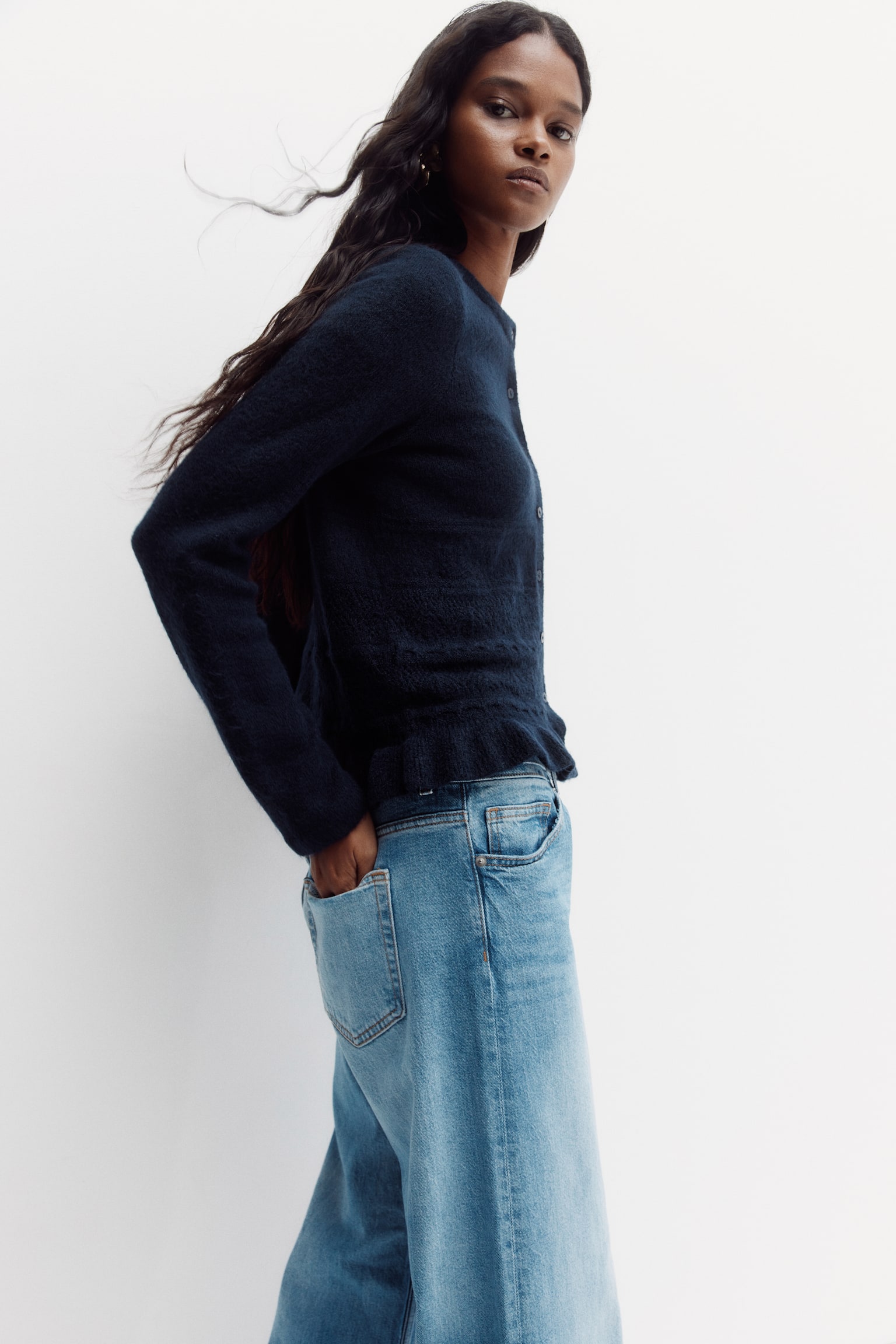 Pointelle-knit cardigan - Navy blue/White/Grey marl - 4