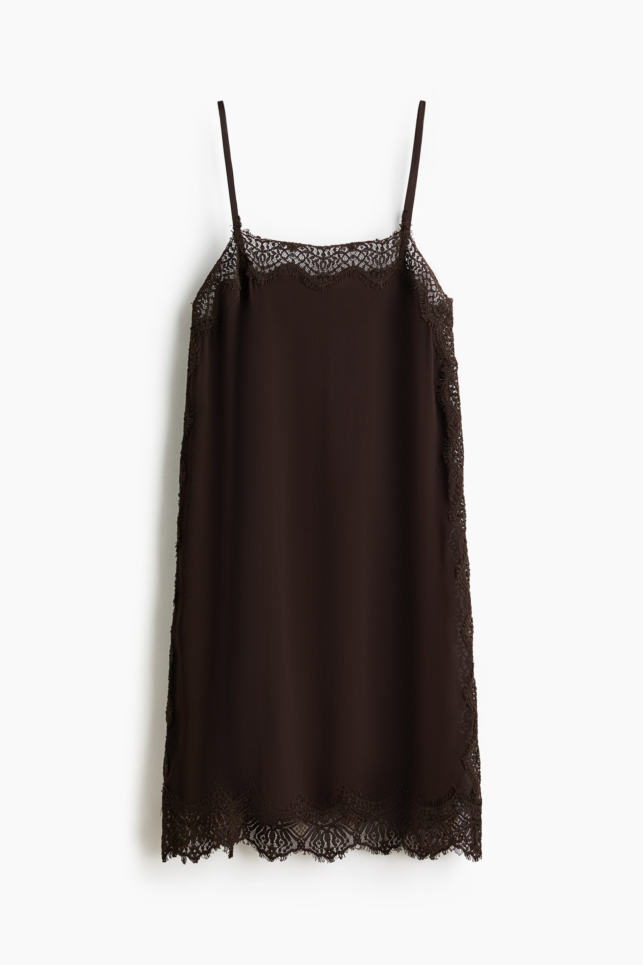 View larger image: FRONT. A dark brown slip dress is featuring a straight neckline and narrow, adjustable shoulder straps. Lace trim is adorning the neckline, running down both sides, and finishing at the hem.