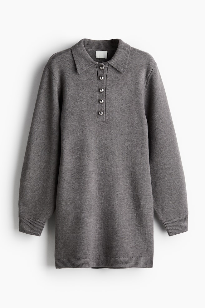 Fine-Knit Dress with Collar - Gray melange/Black - 1