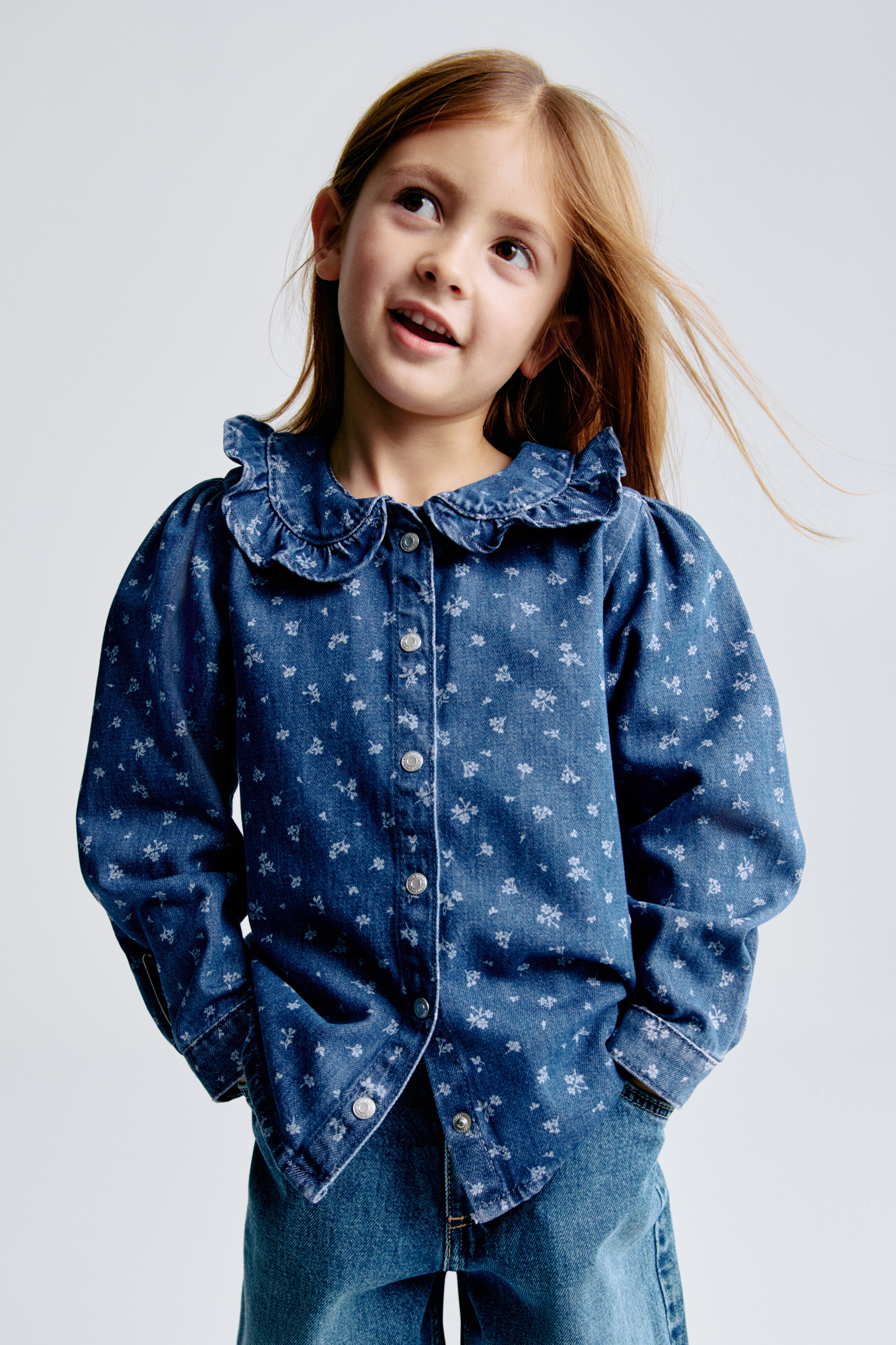 Ruffle-Collar Denim Blouse - Denim blue/floral - Kids | H&M US