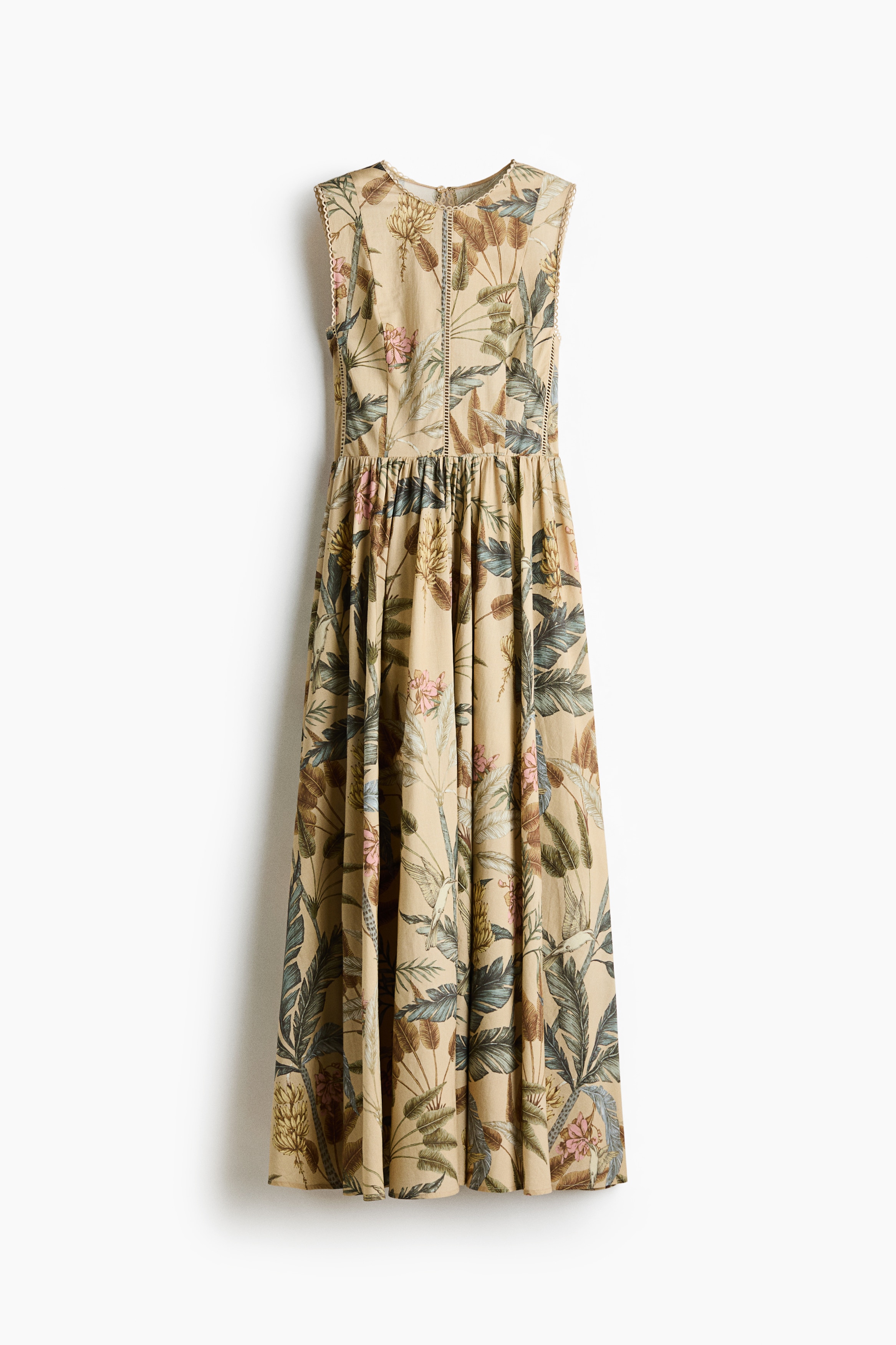 Lace-detail cotton dress - Beige/Plants