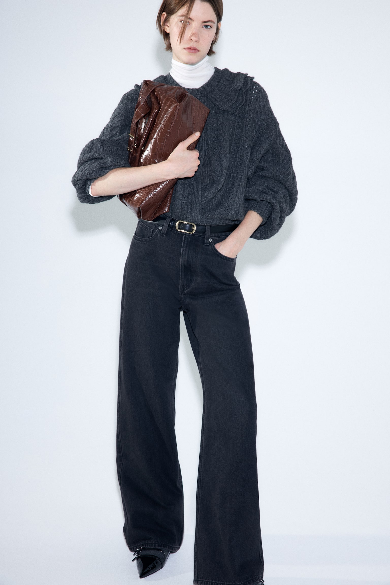 Galléros csavartmintás kardigán - Sötétszürke - 2