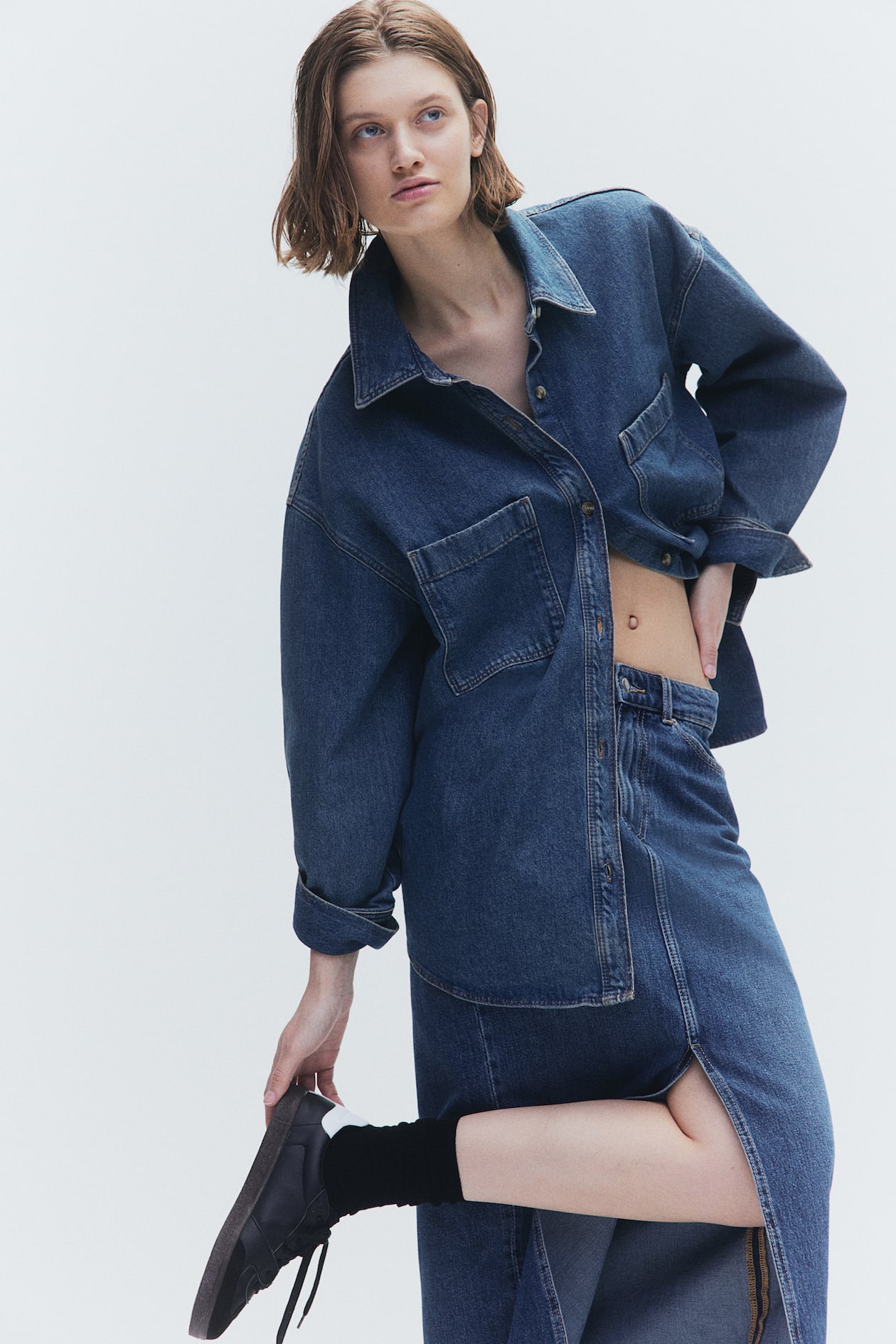 Oversized Denim Shirt - Long sleeve - Long - Denim blue - Ladies | H&M US