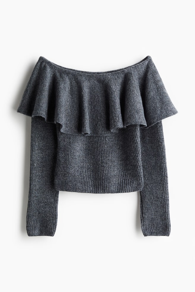 Flounced off-the-shoulder jumper - Dark grey marl - 1