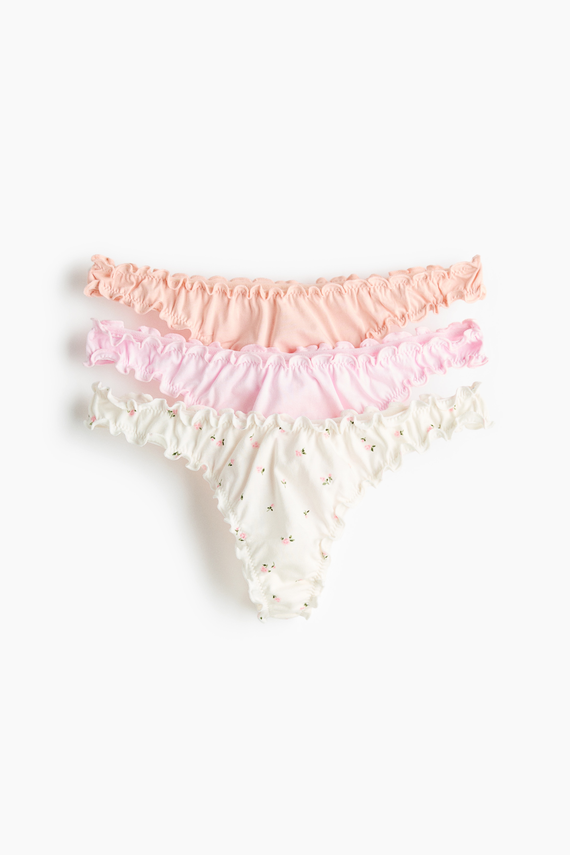 3-pack Thong Briefs with Overlocked Trim - White/floral/Light pink/hearts/Dark brown/dotted/Cream/hearts