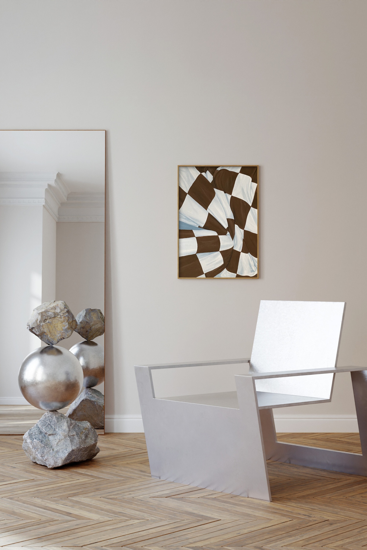 Une impression d'art prÃ©sente un gros plan d'une peinture reprÃ©sentant un tissu drapÃ© Ã  carreaux marron et blanc. Le tissu se tord vers un point central, crÃ©ant de profonds plis et des ombres qui mettent en valeur sa texture ondulÃ©e.
