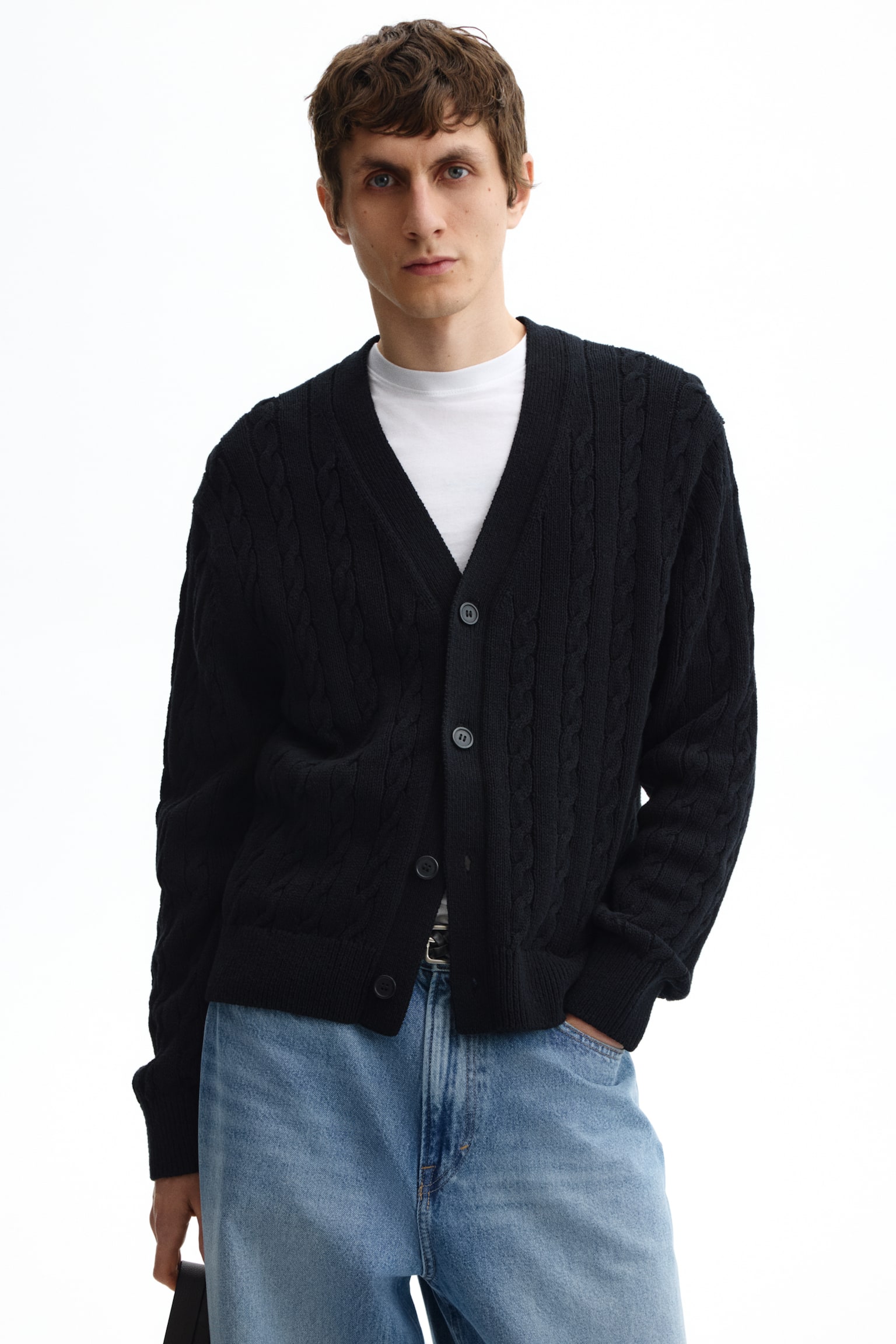 Relaxed Fit Cable-knit cardigan - Black - 5