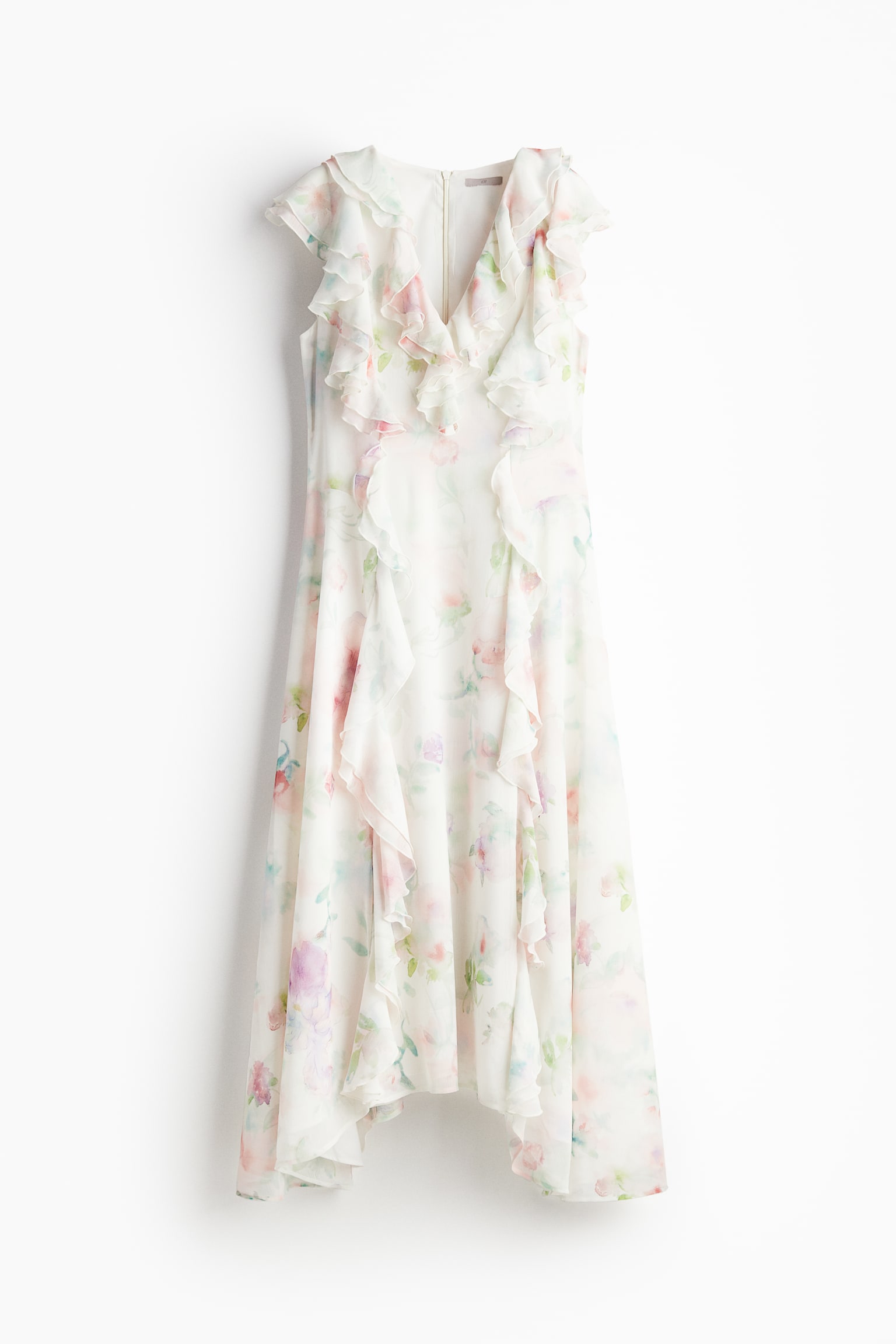 Flounce Chiffon Dress - White/Floral/Blue - 2