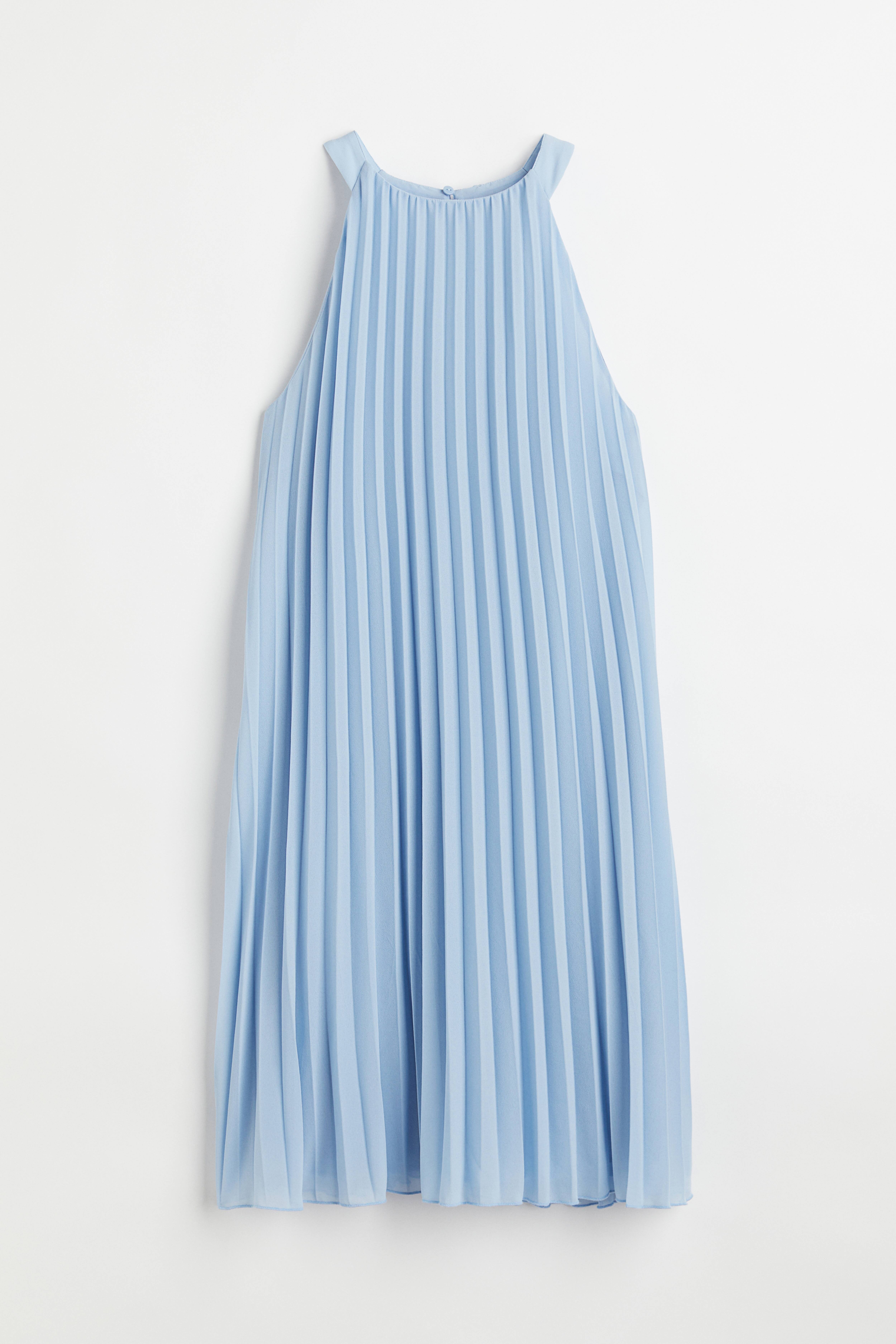 Pleated Dress - Round Neck - Sleeveless - Light blue - Ladies | H&M US