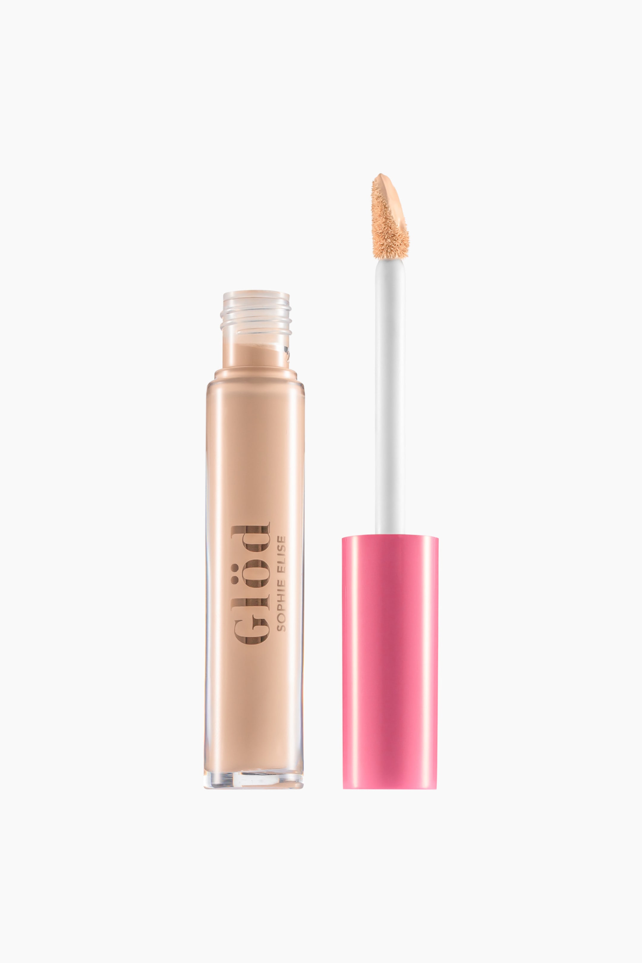 Visa större bild: En flytande concealer står upprätt i en genomskinlig cylindrisk tub och visar en ljusbeige nyans inuti samt vertikal gyllene varumärkeslogotyp. Bredvid tuben står dess applikatorstav, som har ett knallrosa cylindriskt handtag, ett vitt skaft och en sned doe-foot-applikator täckt av produkten.