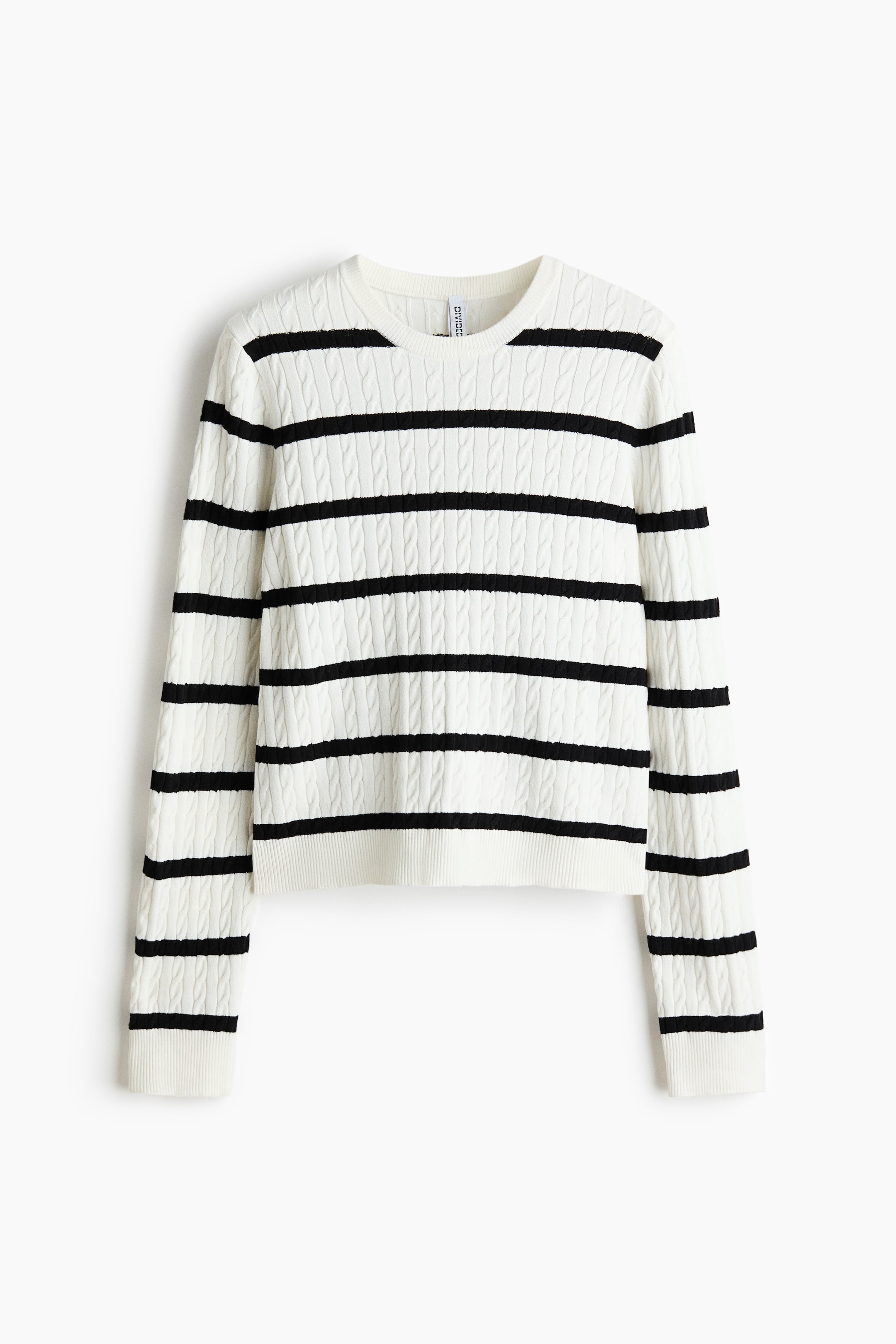 View larger image: A sweater is presented facing FRONT, featuring a white cable-knit pattern with black horizontal stripes, a round ribbed neckline, and ribbing at the cuffs and hem.