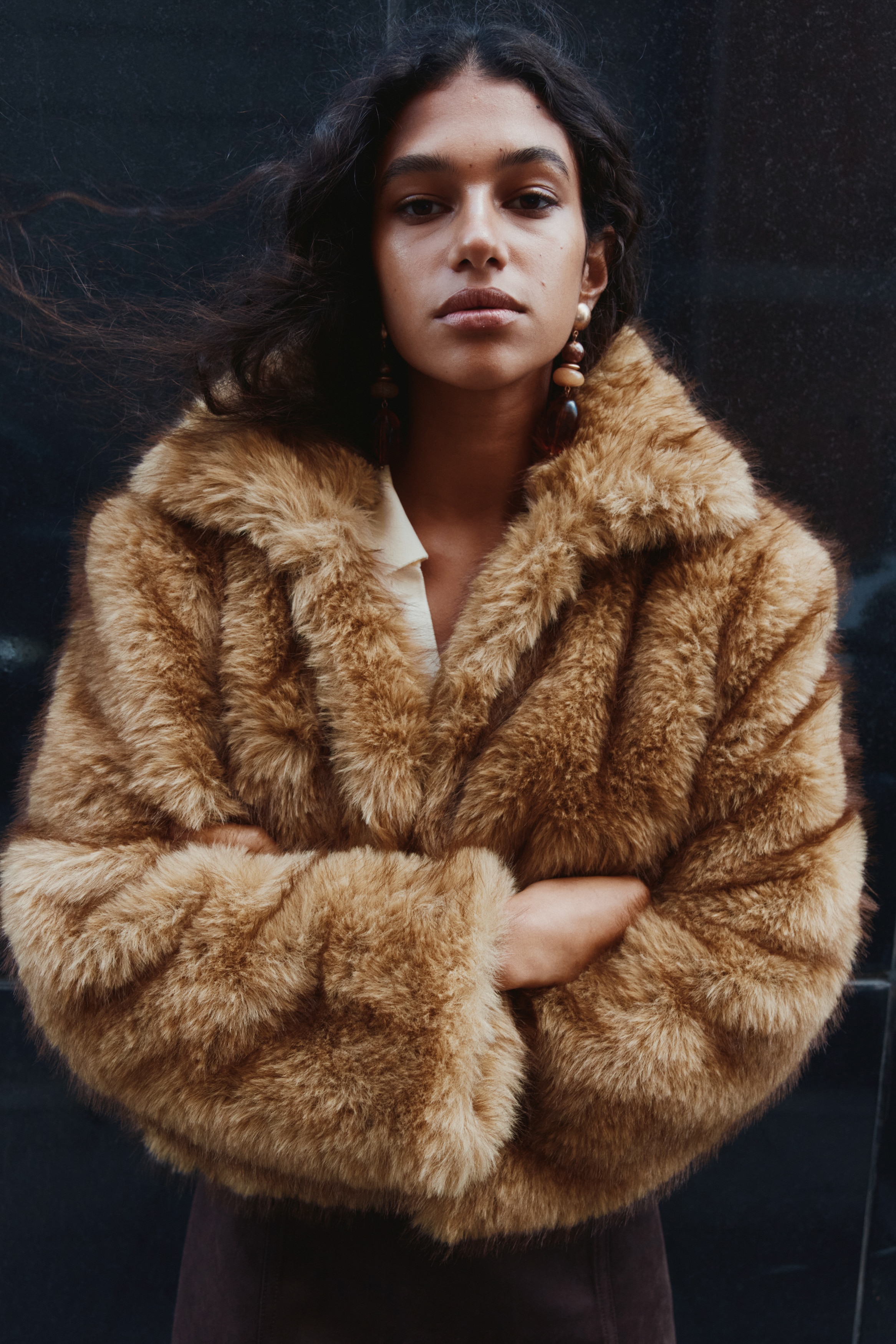 Ladies - Dark beige Cropped fluffy jacket - Size: L  - H&M