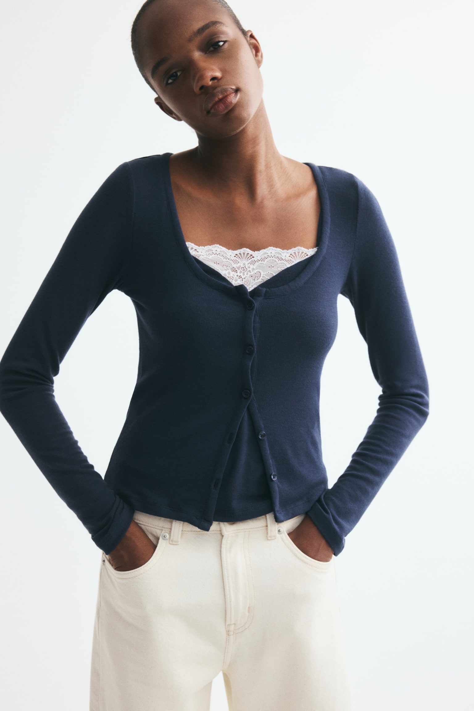 Set de 2 piese cu cardigan și top - Albastru-închis/Gri-deschis melanj - 1