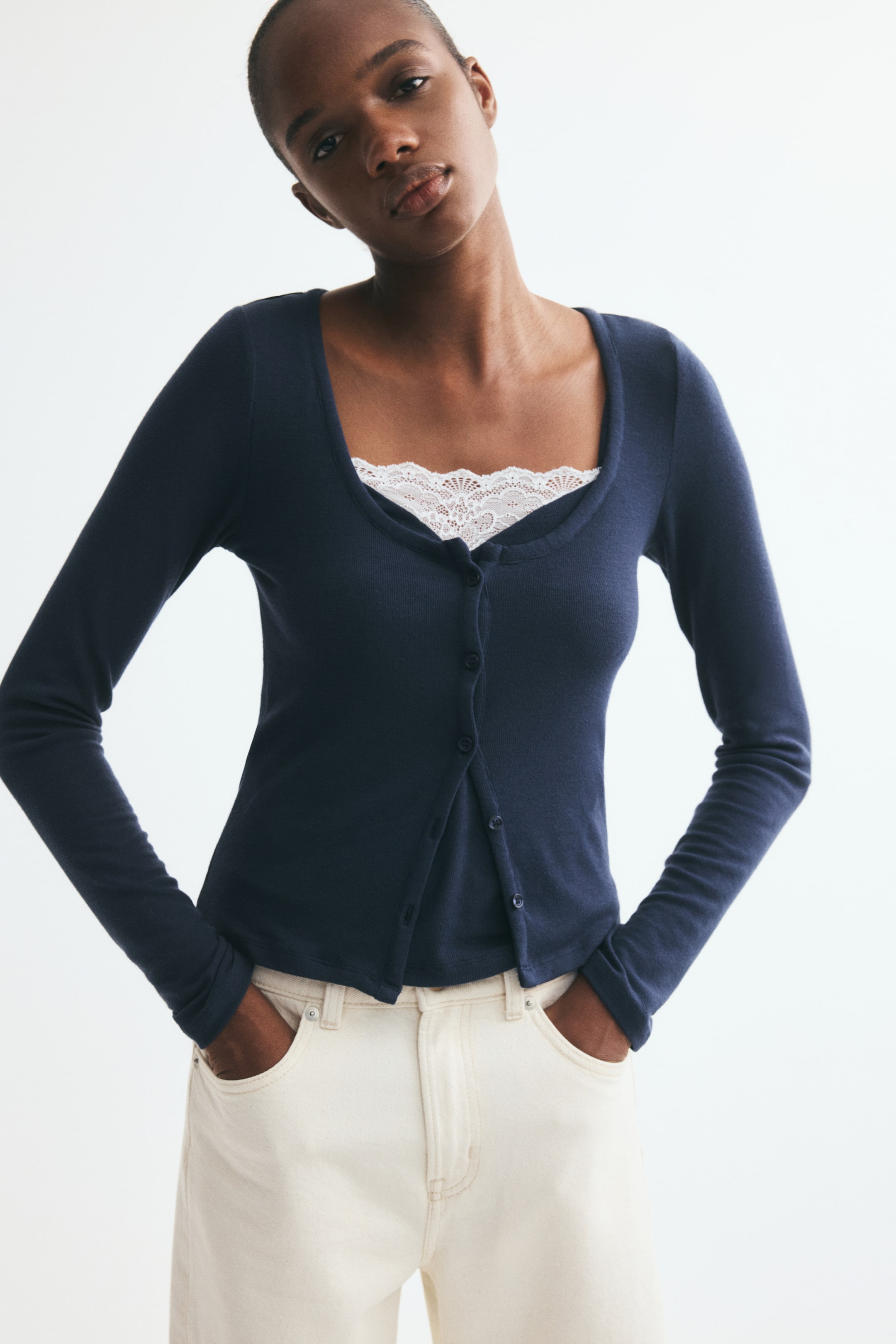 View larger image: 2-piece cardigan and top set - Dark blue - Ladies | H&M 1