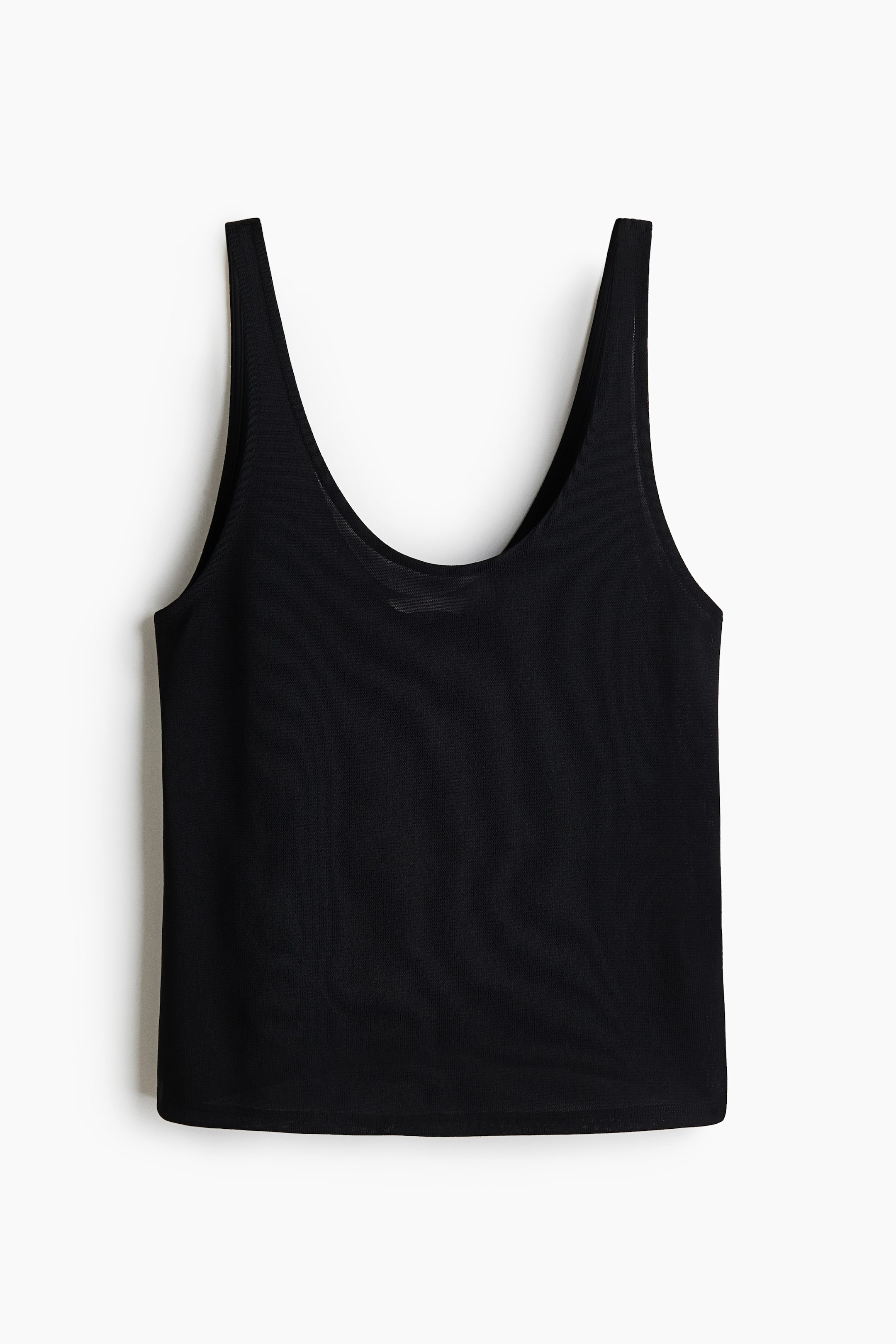 View larger image: A black tank top featuring a scoop neck and wide shoulder straps, showcasing a subtle, fine ribbed knit texture throughout its body and a straight hem.