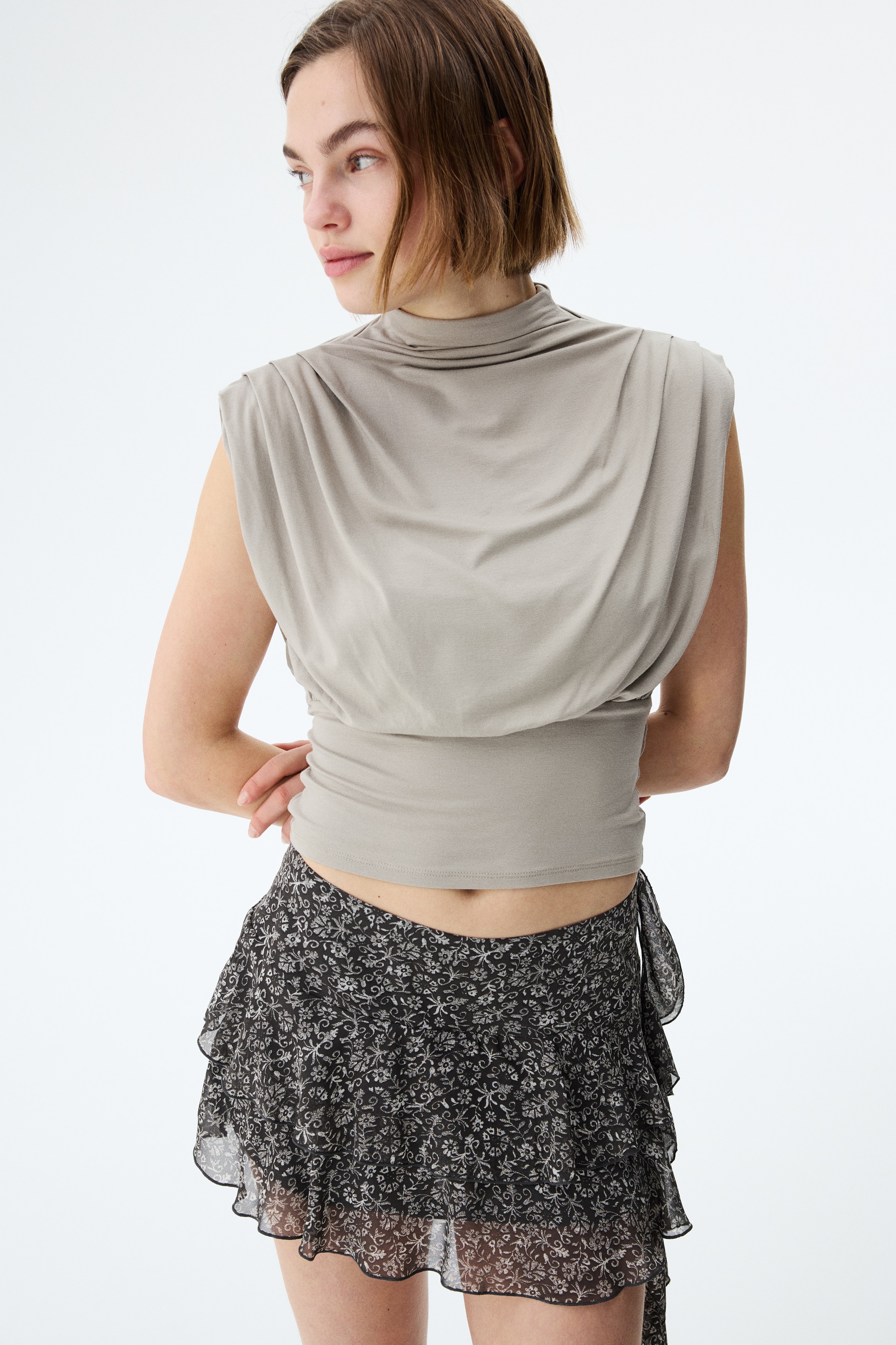 Φούστα με βολάν και ντραπέ τμήμα - Σκούρο γκρι/φλοράλ/Μπεζ