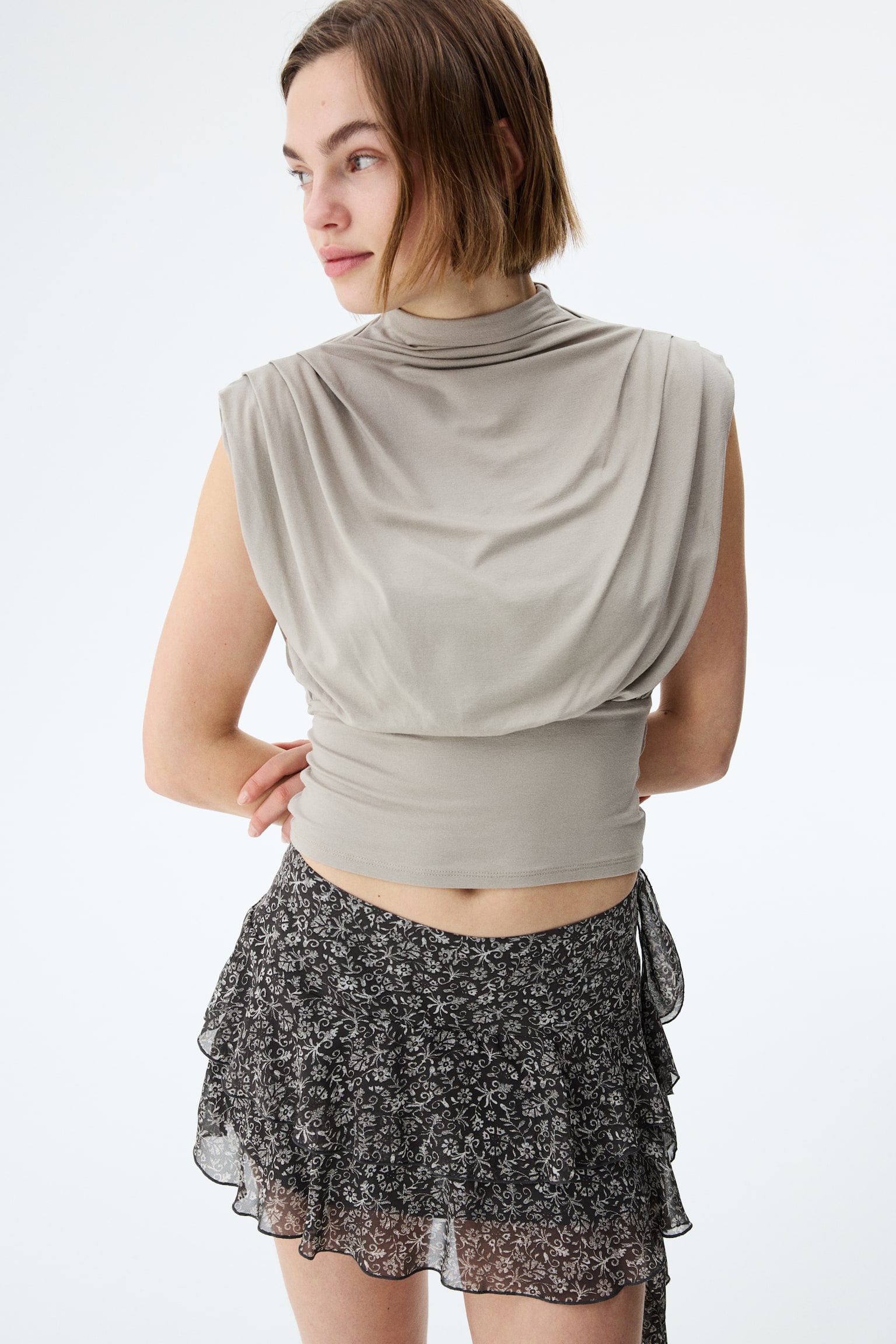 Draped-panel tiered skirt - Dark grey/Floral/Beige/Black - 1