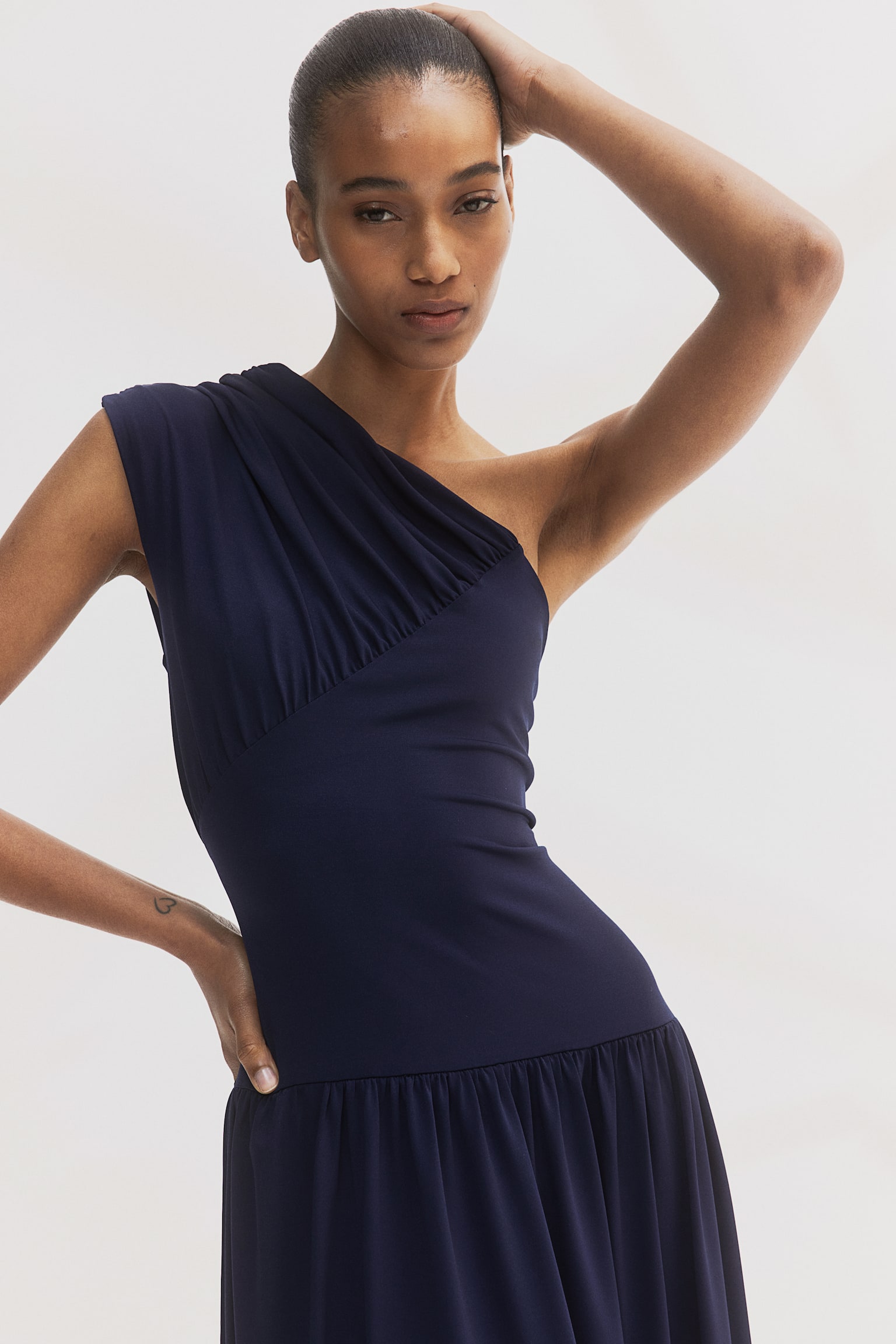 Gathered One Shoulder Dress - Navy blue - 3