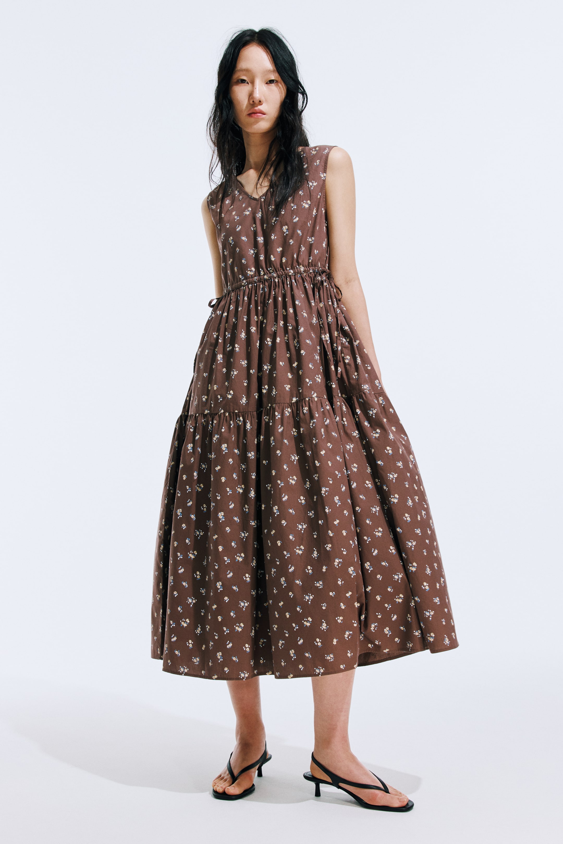 Women's Dusty brown/floral Drawstring-Detail Cotton Dress | H&M PH