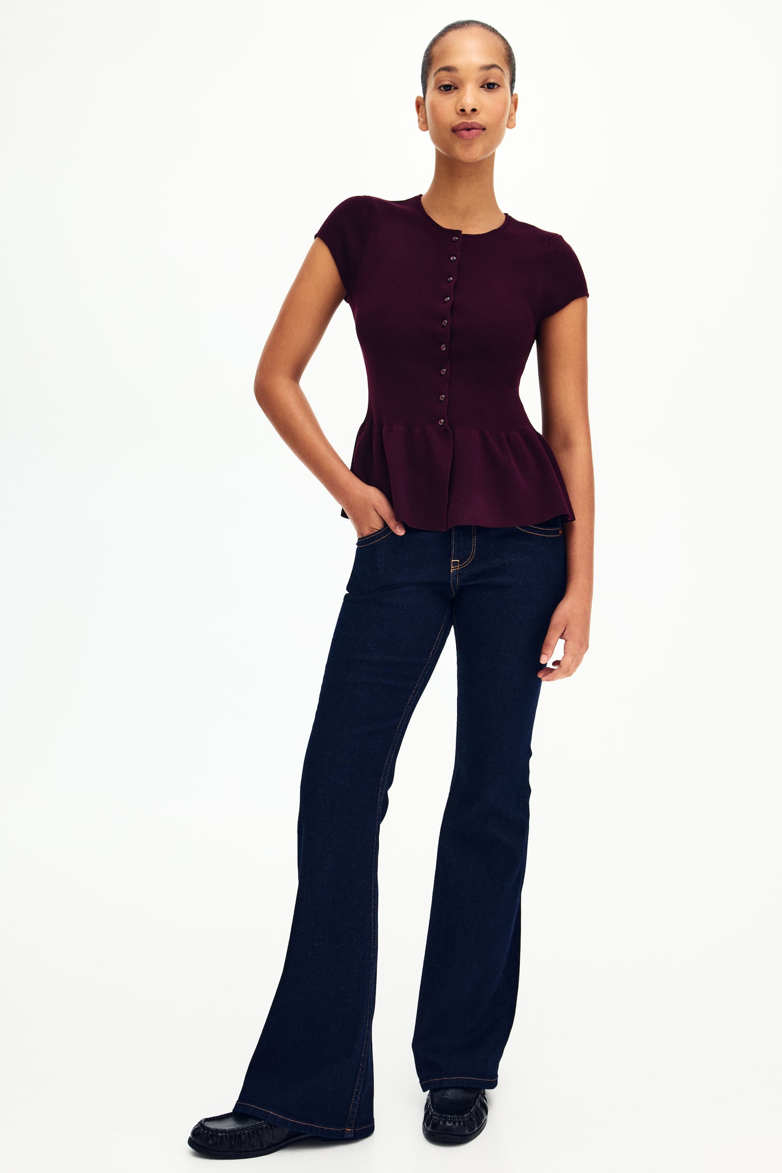 Short-sleeved peplum cardigan - Burgundy/Black/White striped/Light pink - 1