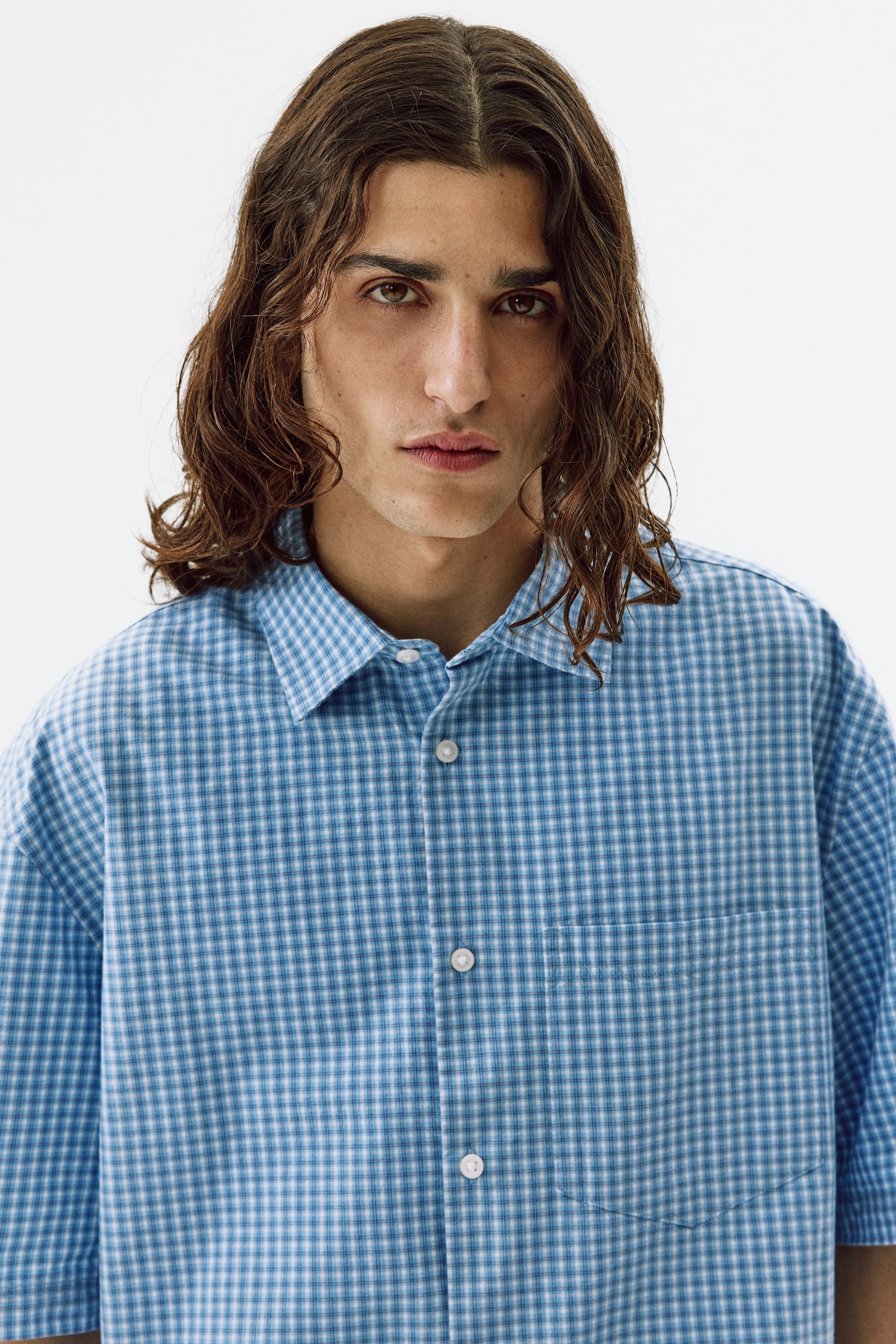 Мужская рубашка H&M Relaxed-Fit Cotton, цвет: Светлый синий / Клетчатый — фото 3