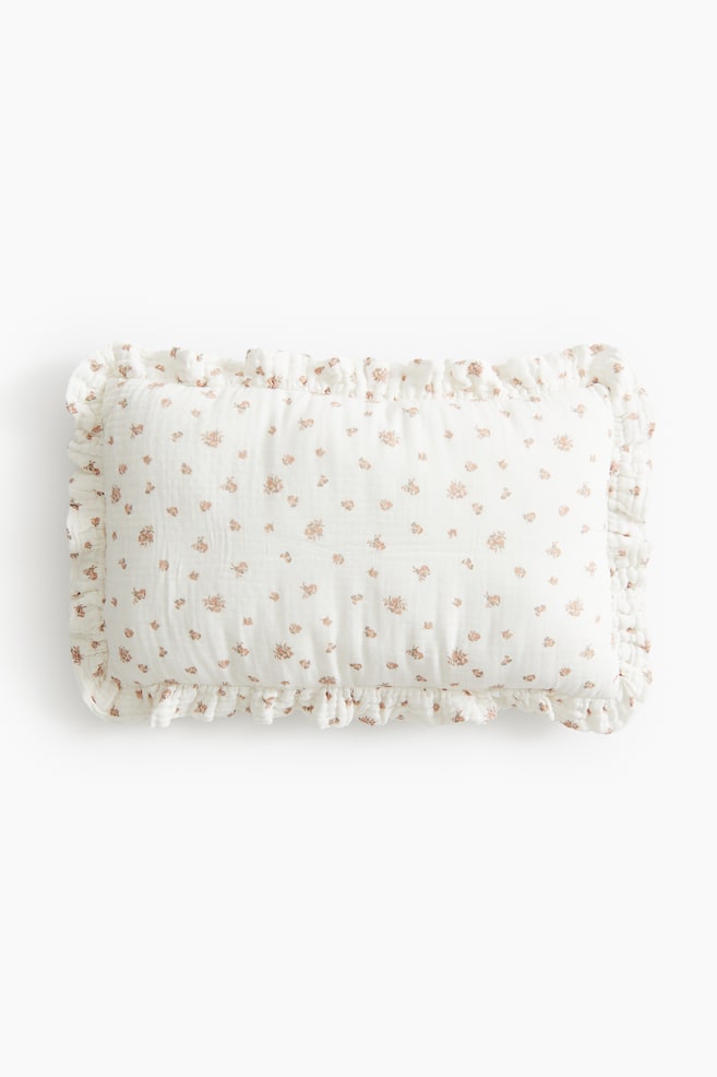 Coussin volanté en coton - Blanc/fleuri - 1