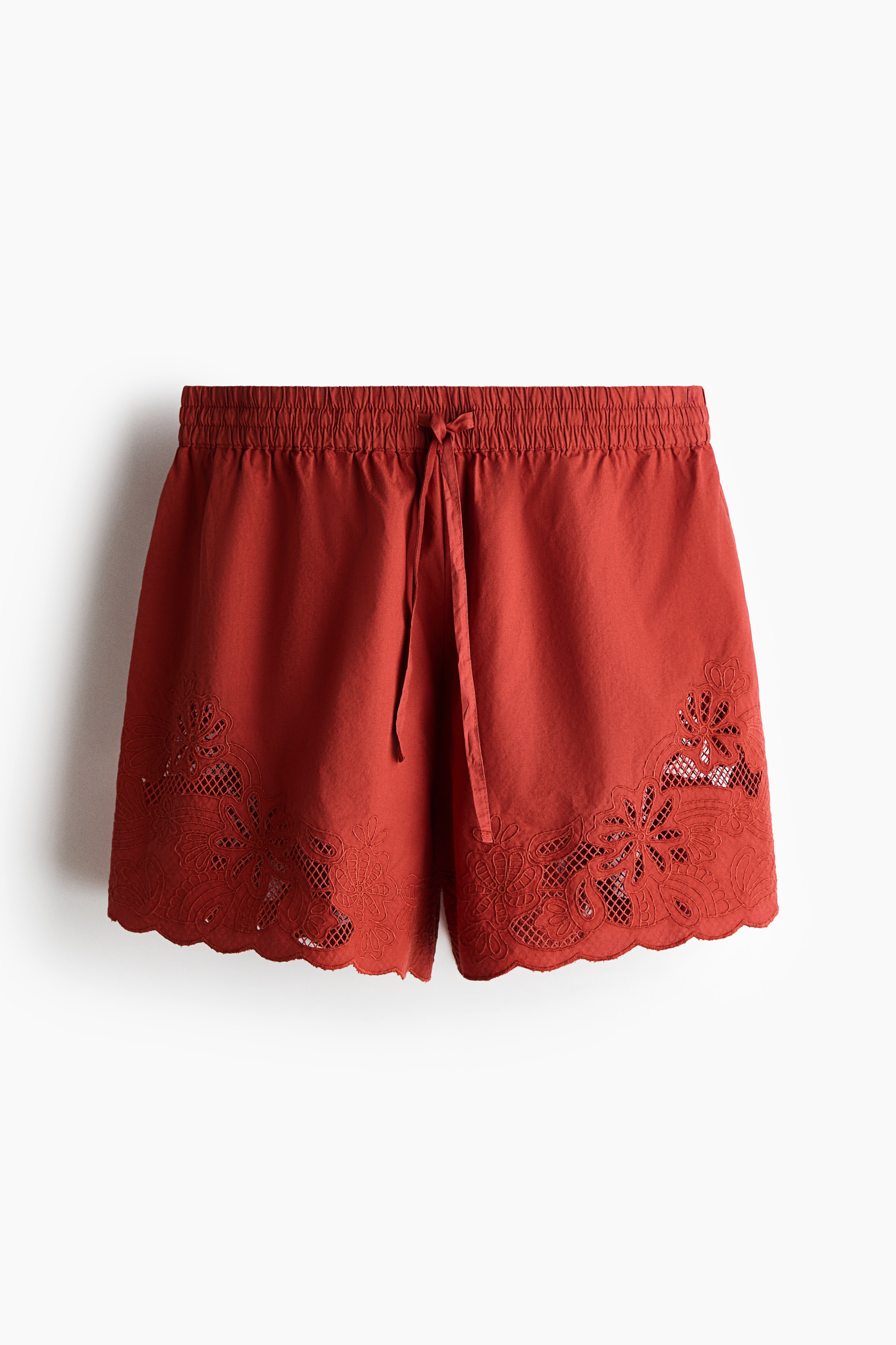 Shorts with Eyelet Embroidery - Red