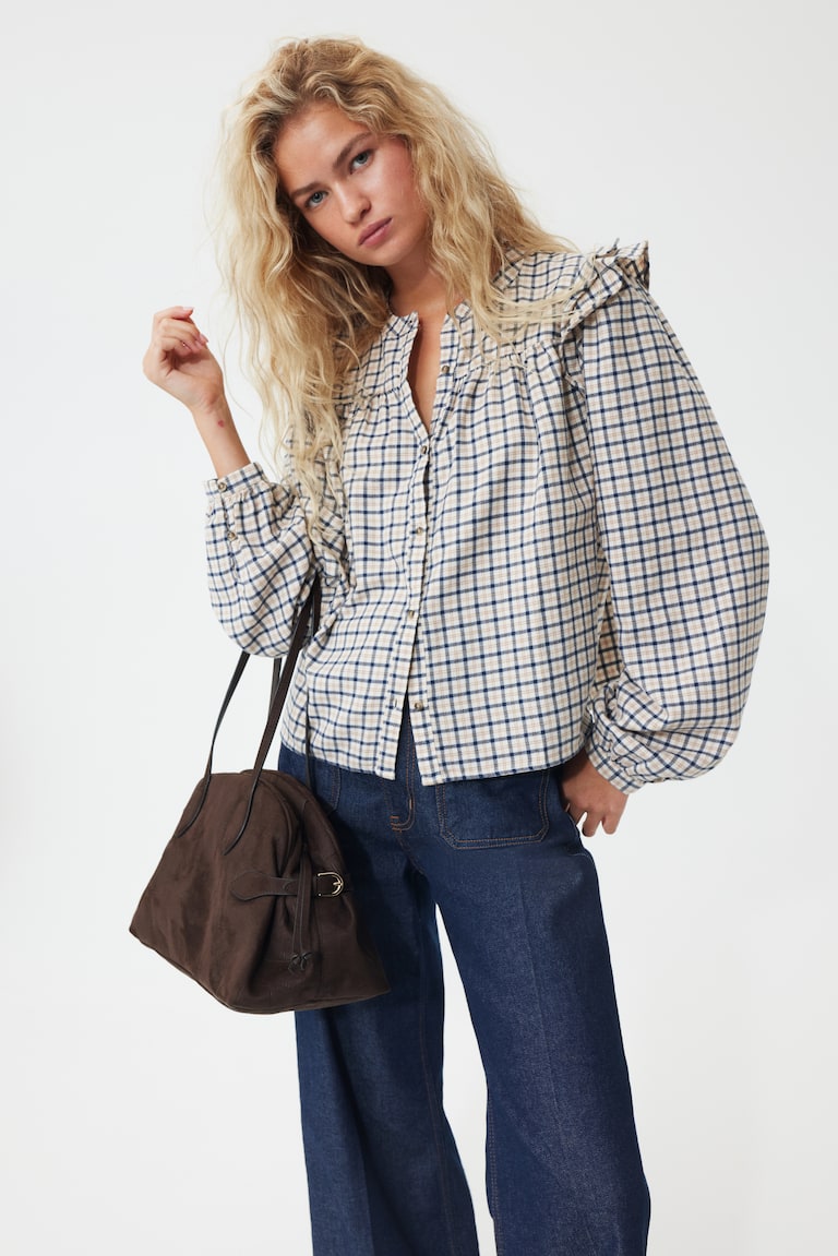 Blusa con olanes Beige claro/Cuadros Ladies H&M MX