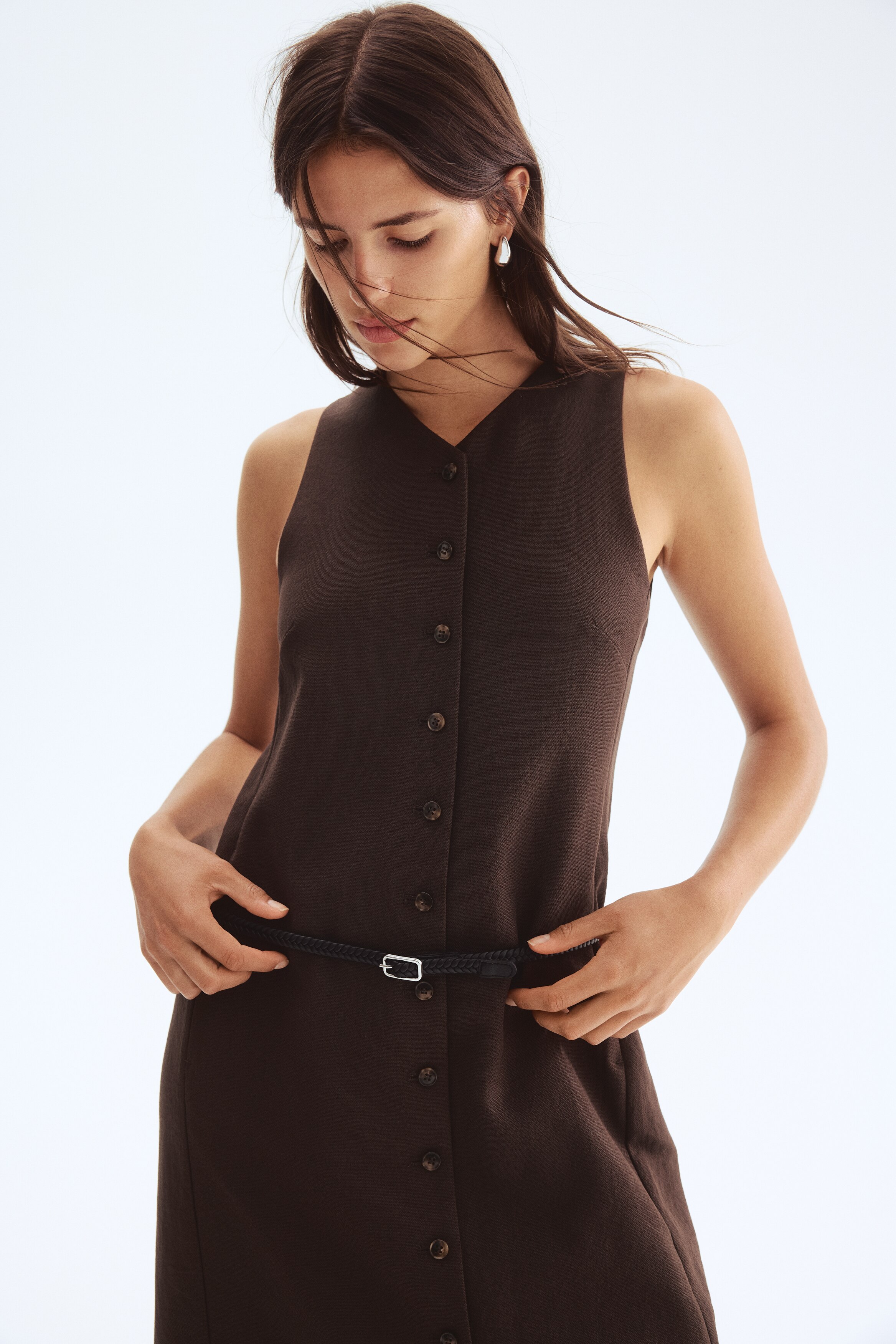 Belted button-front dress