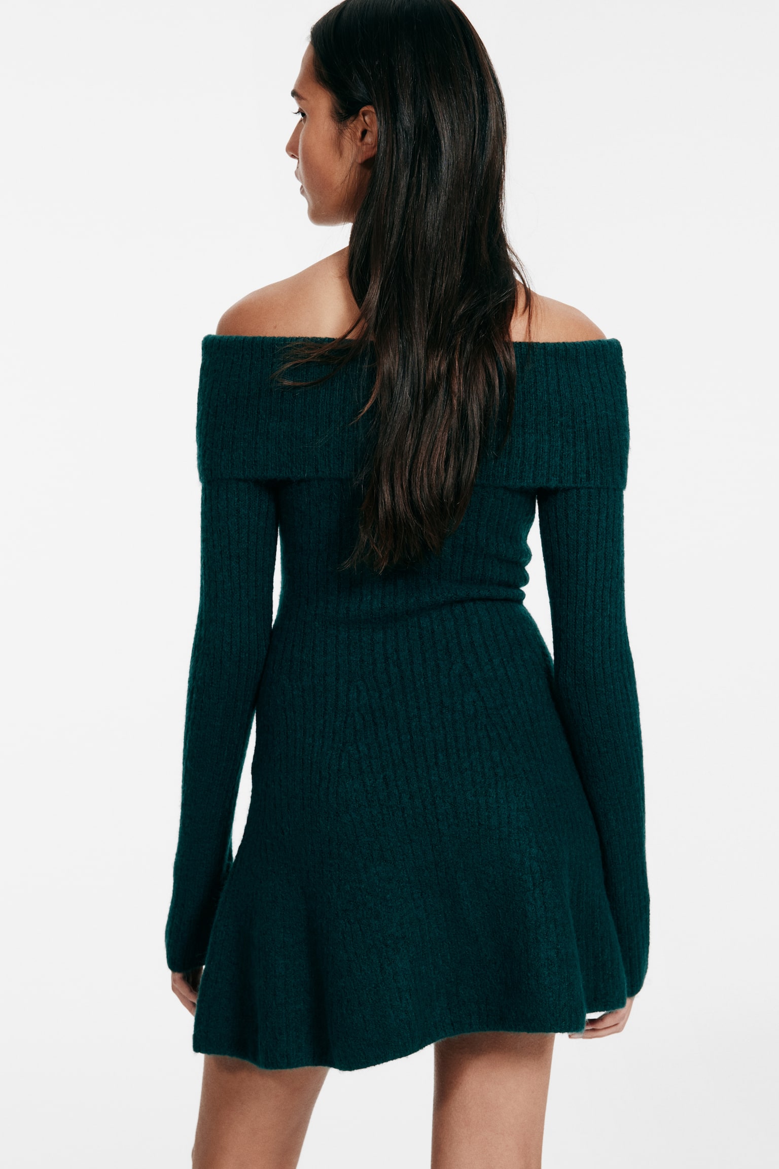 Rib-knit off-the-shoulder dress - Dark green/Light beige/Dark brown/Light blue marl - 3