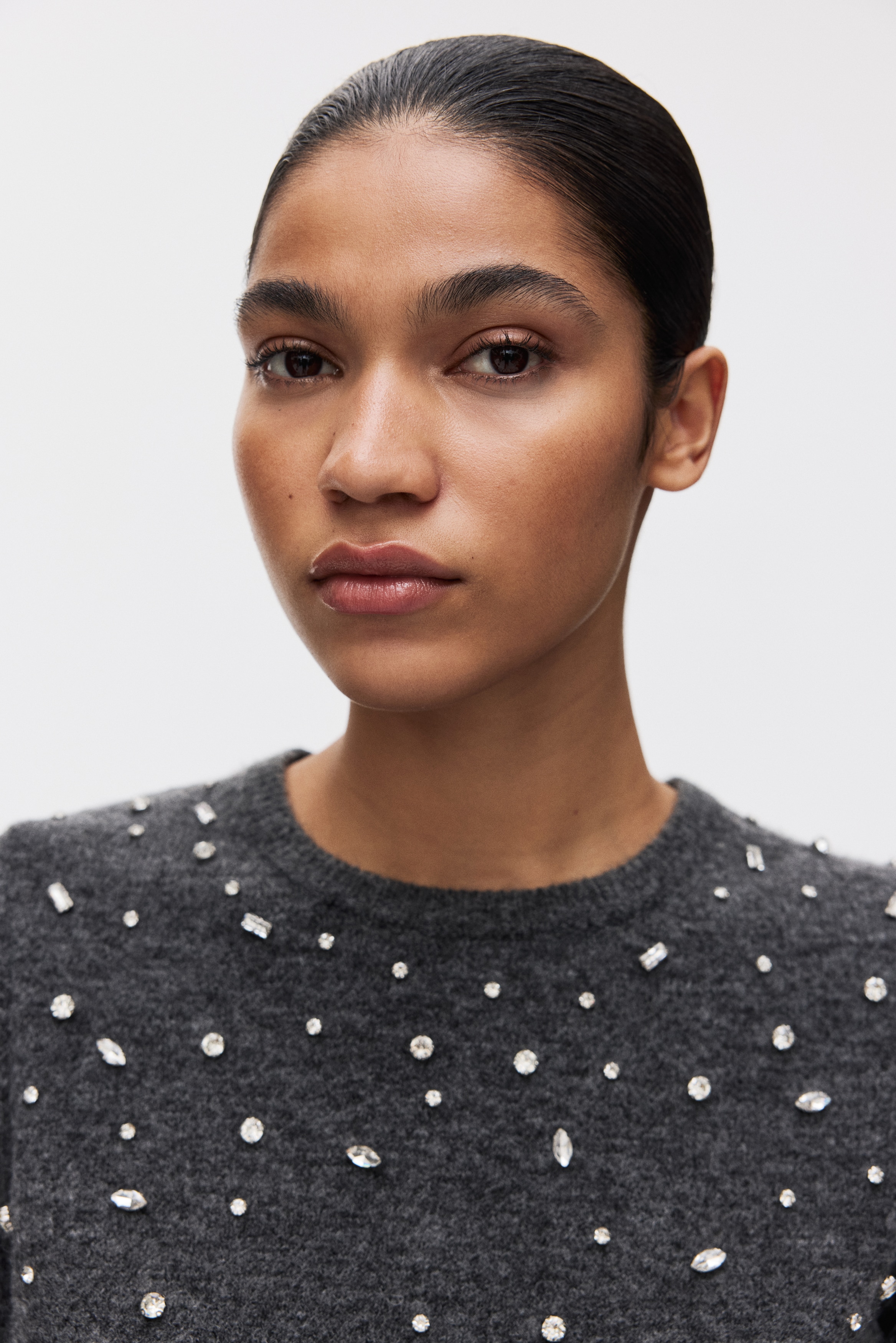 H & M - Rhinestone-embellished fine-knit top - グレー H & M - Rhinestone-embellished fine-knit top - グレー