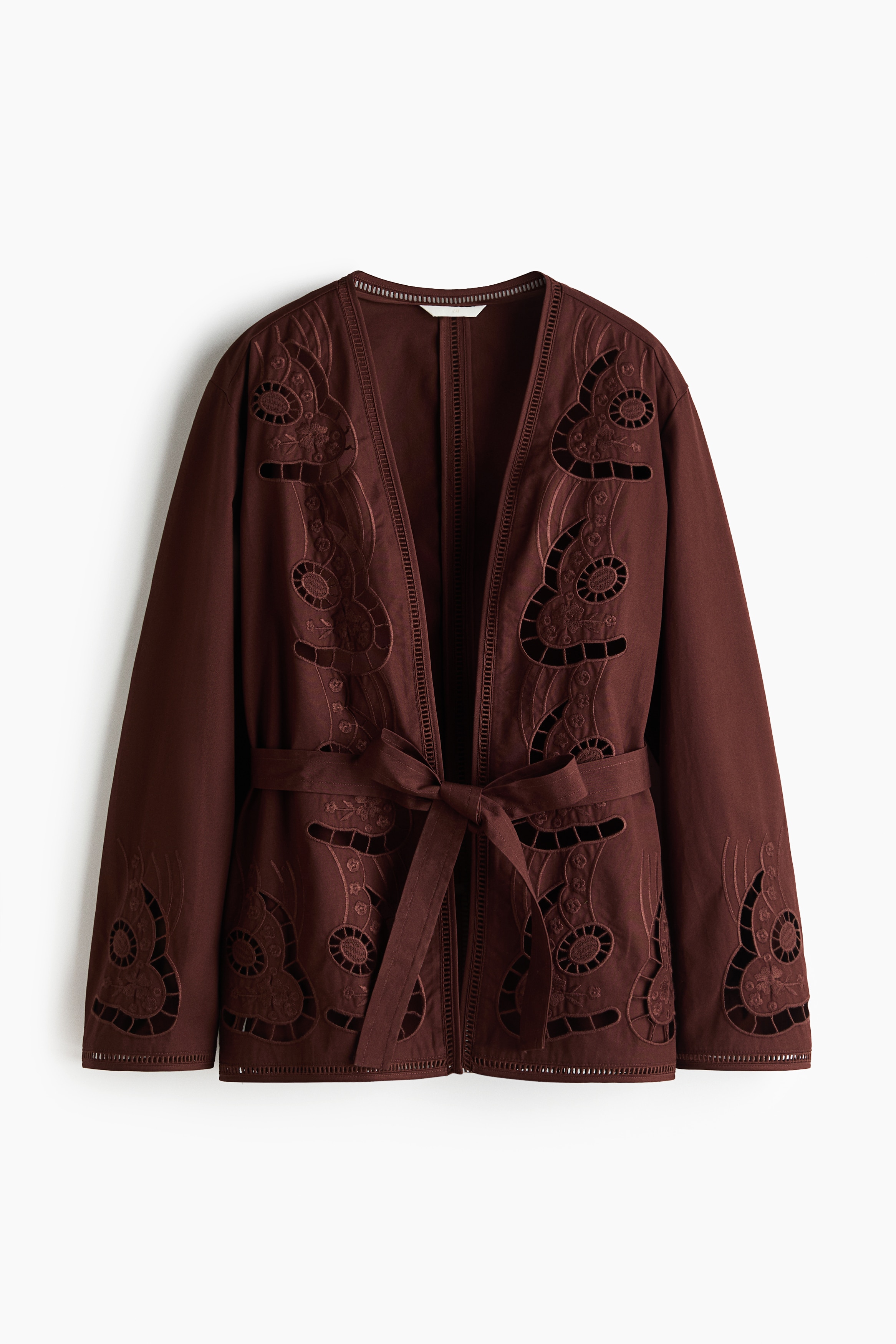 Tie-Belt Jacket with Eyelet-Embroidered Details - Dark brown