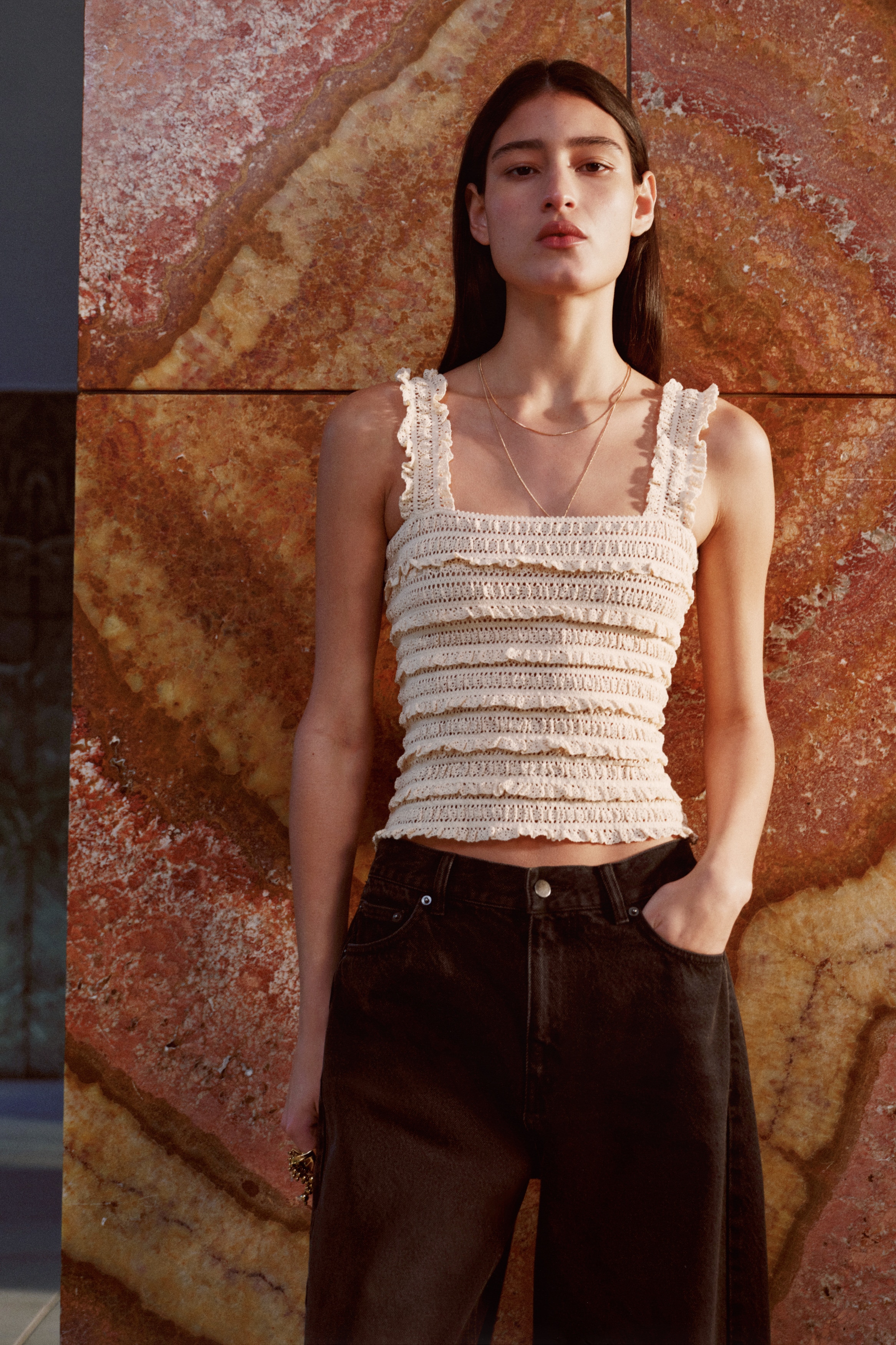 Lace jersey sleeveless top - White