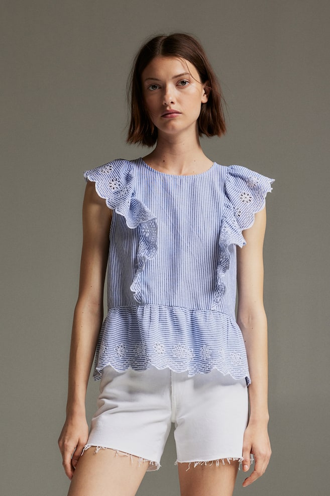 Frill-trimmed cotton blouse - Blue/Striped - 1